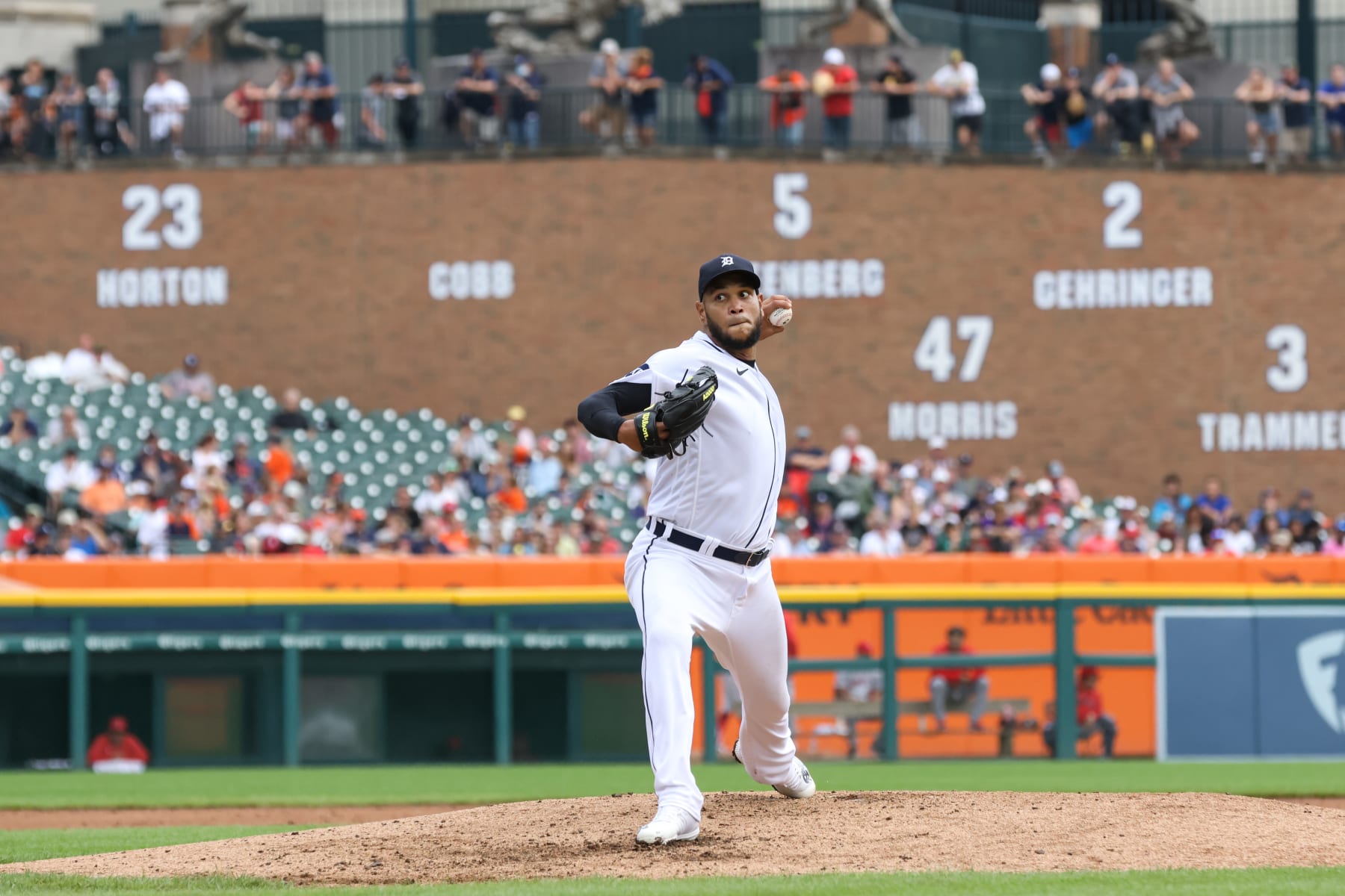 DETROIT, MI - AUGUST 21:  Detroit Tigers starting pitcher Eduardo Rodriguez (57) pitches during the fourth inning of a regular season Major League Baseball game between the California Angels and the Detroit Tigers on August 21, 2022 at Comerica Park in Detroit, Michigan. (Photo by Scott W. Grau/Icon Sportswire via Getty Images)