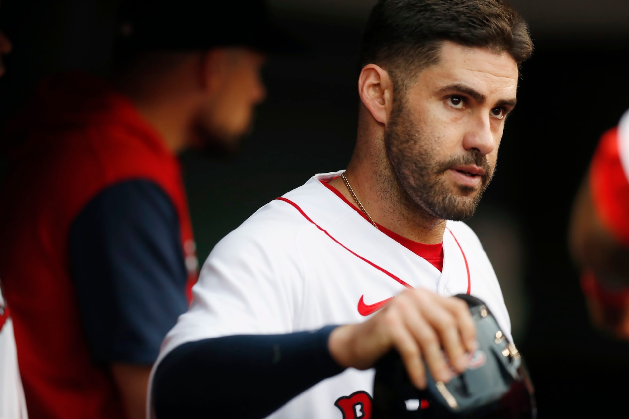 Boston Red Sox's J.D. Martinez in the dug out during the first inning of a baseball game against the New York Yankees, Friday, July 8, 2022, in Boston. (AP Photo/Michael Dwyer)