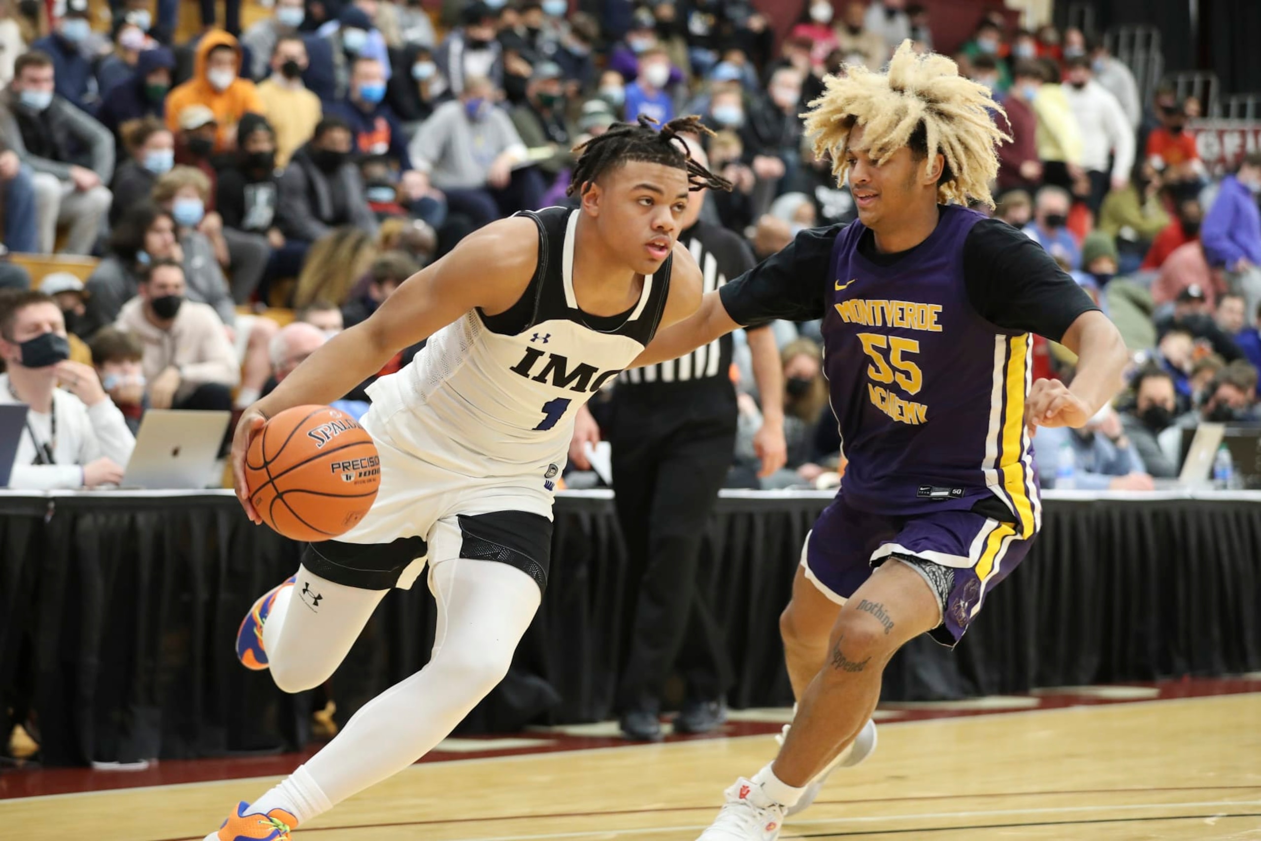 IMG Academy's Keyonte George #1 in action against Montverde during a high school basketball game at the Hoophall Classic, Monday, January 17, 2022, in Springfield, MA. IMG won the game. (AP Photo/Gregory Payan)