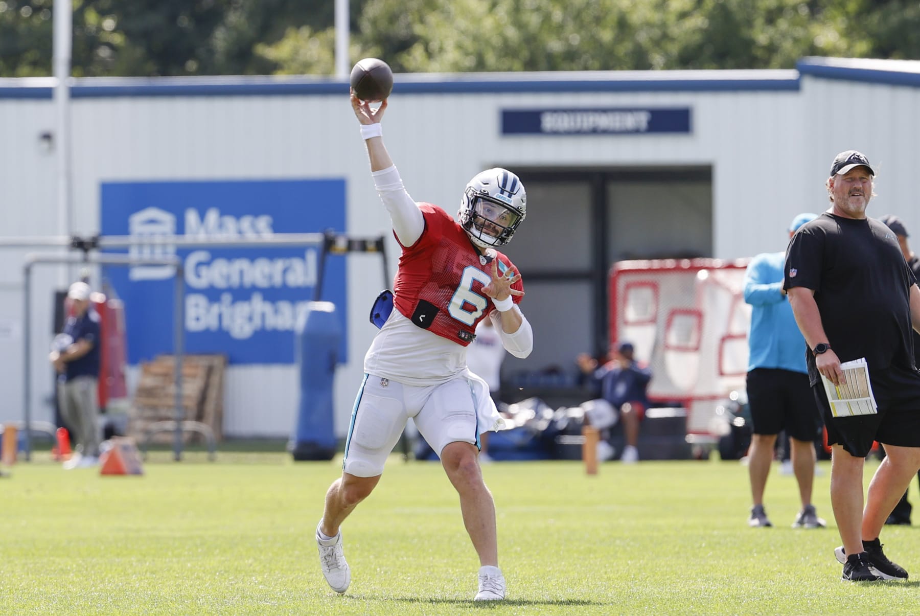 FOXBOROUGH, MA - AUGUST 16: Carolina Panthers quarterback Baker Mayfield (6) airs it out during a joint practice between the New England Patriots and the Carolina Panthers on August 16, 2022, at the Patriots Practice Facility at Gillette Stadium in Foxborough, Massachusetts. (Photo by Fred Kfoury III/Icon Sportswire via Getty Images)