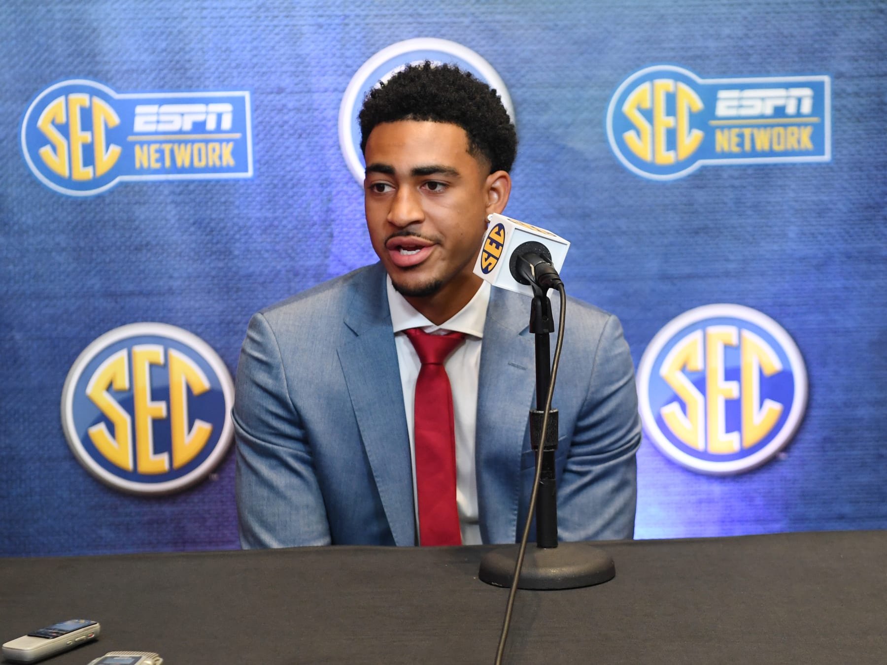 ATLANTA, GA - JULY 19: Alabama Crimson Tide Quarterback Bryce Young (9) addresses the media during the SEC Football Kickoff Media Days on July 19, 2022, at the College Football Hall of Fame in Atlanta, GA.(Photo by Jeffrey Vest/Icon Sportswire via Getty Images)