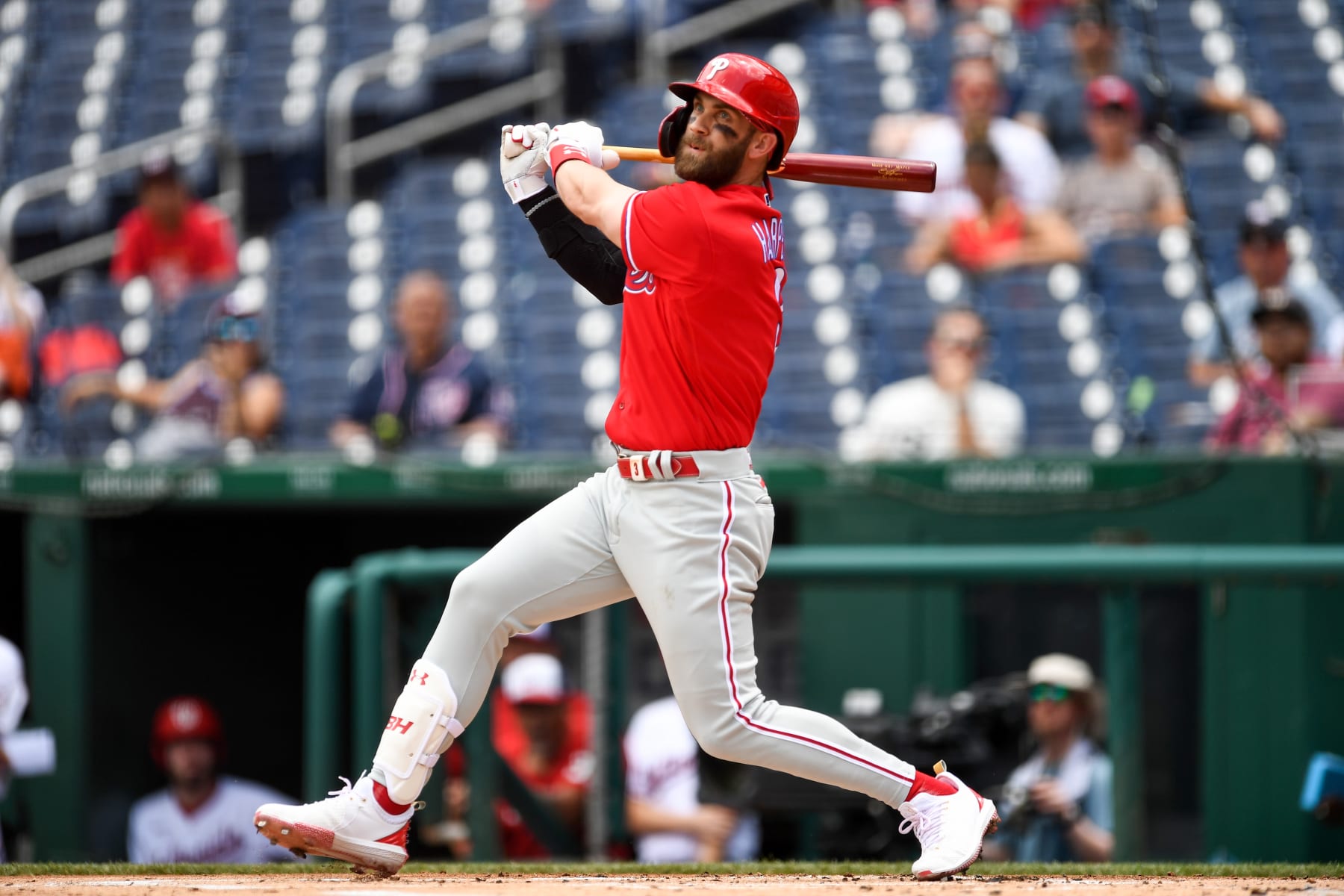 WASHINGTON, DC - JUNE 17, 2022: Bryce Harper #3 of the Philadelphia Phillies bats during the first inning of game one of a doubleheader against the Washington Nationals at Nationals Park on June 17, 2022 in Washington, DC. (Photo by Chris Bernacchi/Diamond Images via Getty Images)