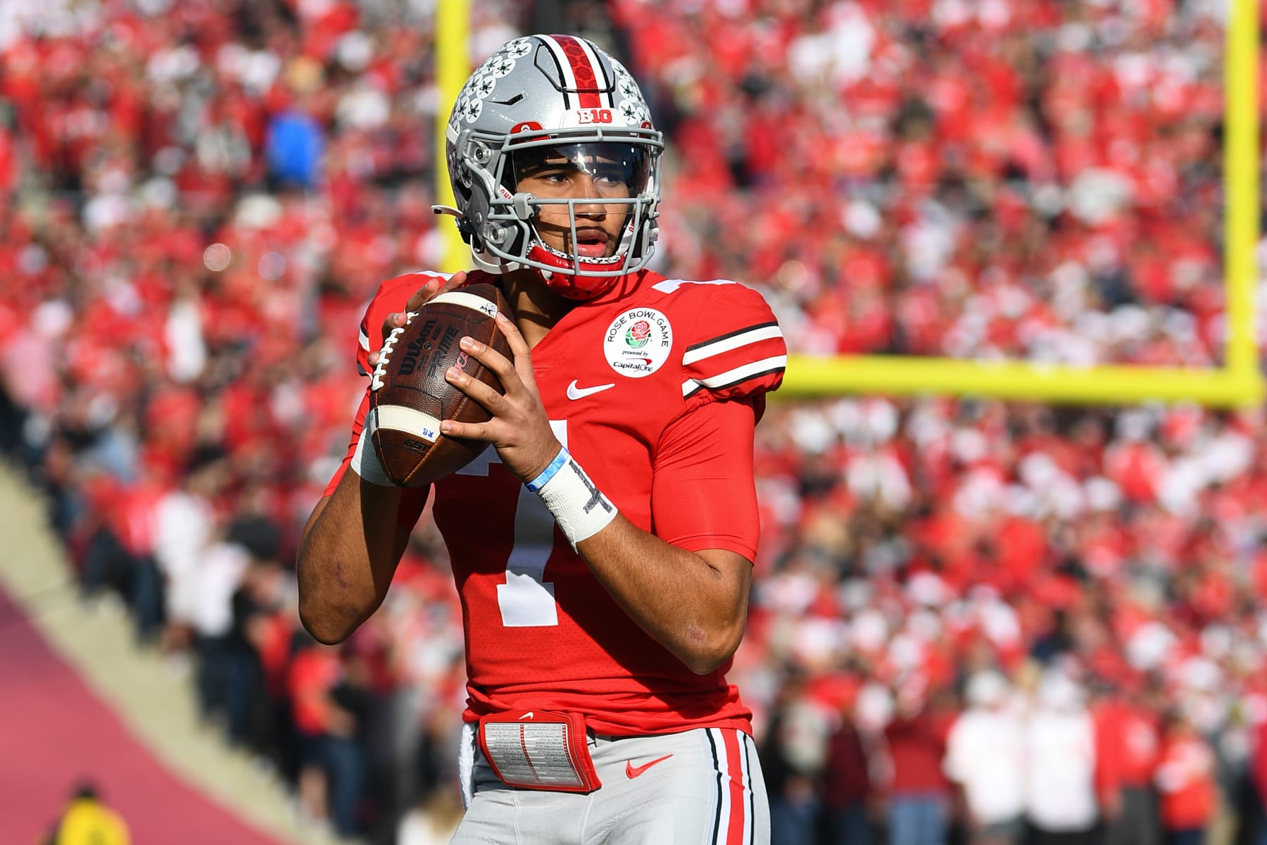 PASADENA, CA - JANUARY 01: Ohio State Buckeyes quarterback C.J. Stroud (7) warms up before the Rose Bowl game between the Ohio State Buckeyes and the Utah Utes on January 1, 2022 at the Rose Bowl in Pasadena, CA. (Photo by Brian Rothmuller/Icon Sportswire via Getty Images)