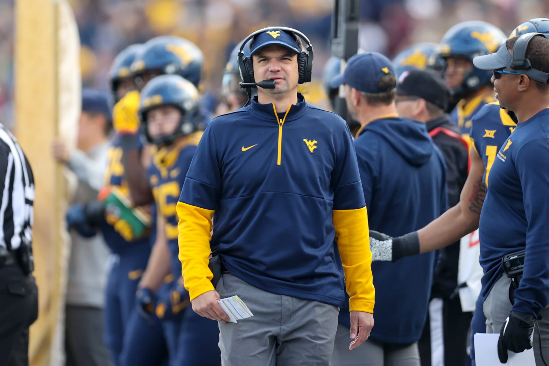 MORGANTOWN, WV - NOVEMBER 20: West Virginia Mountaineers head coach Neal Brown on the sideline during the fourth quarter of the college football game between the Texas Longhorns and the West Virginia Mountaineers on November 20, 2021, at Mountaineer Field at Milan Puskar Stadium in Morgantown, WV. (Photo by Frank Jansky/Icon Sportswire via Getty Images)