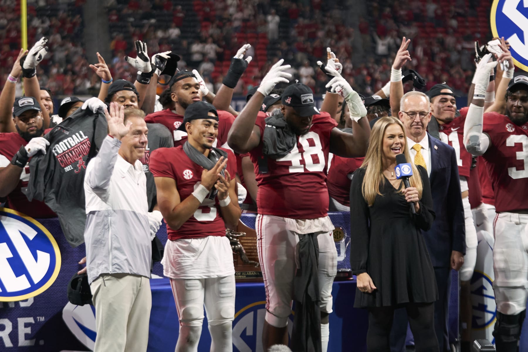 College Football: SEC Championship: Alabama coach Nick Saban with QB Bryce Young (9) and Phidarian Mathis (48) after winning game vs Georgia at Mercedes-Benz Stadium. Atlanta, GA 12/4/2021 CREDIT: Kevin D. Liles (Photo by Kevin D. Liles/Sports Illustrated via Getty Images) (Set Number: X163878 TK1)