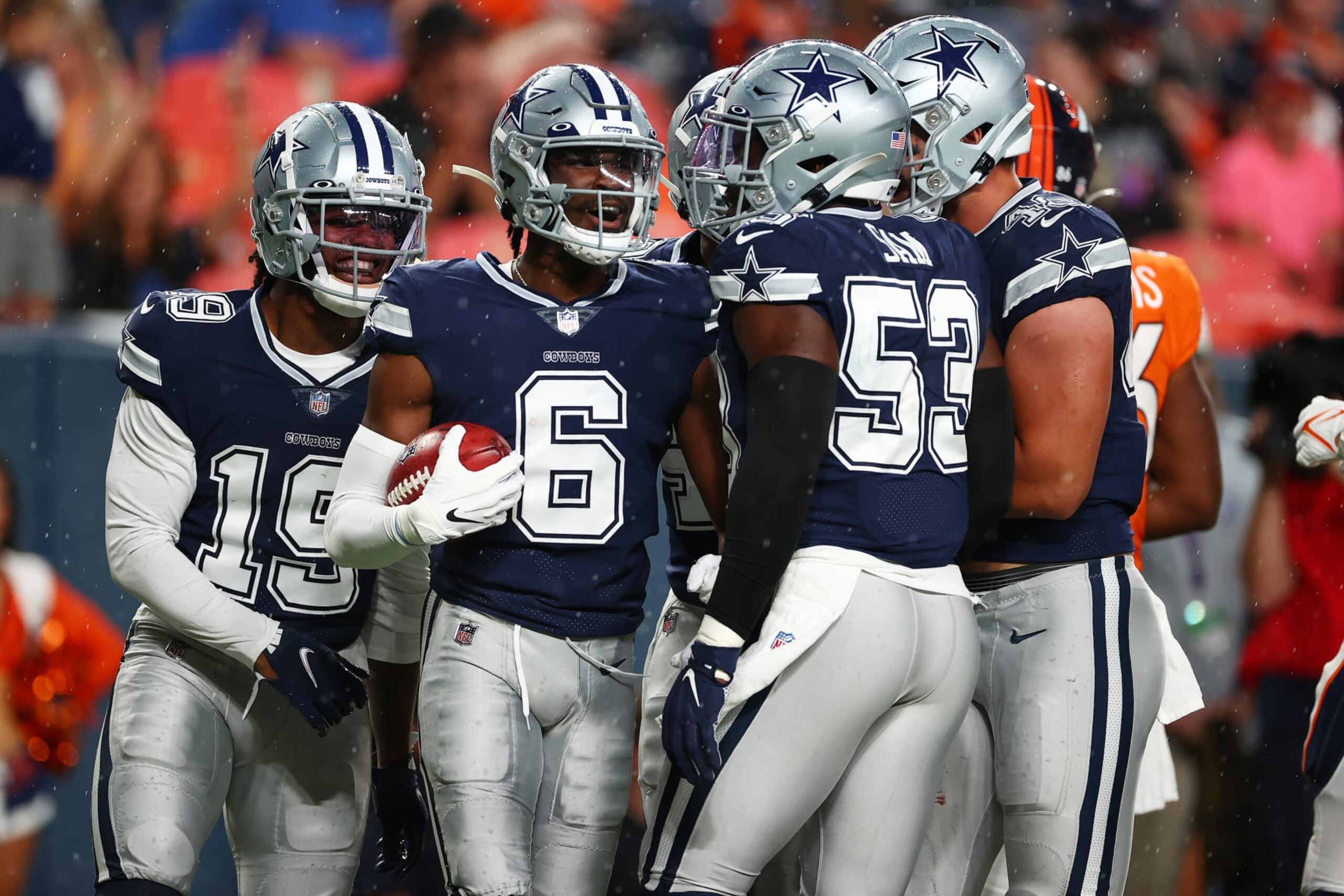 DENVER, CO - AUGUST 13: Jaquarii Roberson #6 of the Dallas Cowboys celebrates after a special teams play against the Denver Broncos during a preseason game at Empower Field At Mile High on August 13, 2022 in Denver, Colorado. (Photo by Jamie Schwaberow/Getty Images) DENVER, CO - AUGUST 13: Jaquarii Roberson #6 of the Dallas Cowboys celebrates after a special teams play against the Denver Broncos during a preseason game at Empower Field At Mile High on August 13, 2022 in Denver, Colorado. (Photo by Jamie Schwaberow/Getty Images)