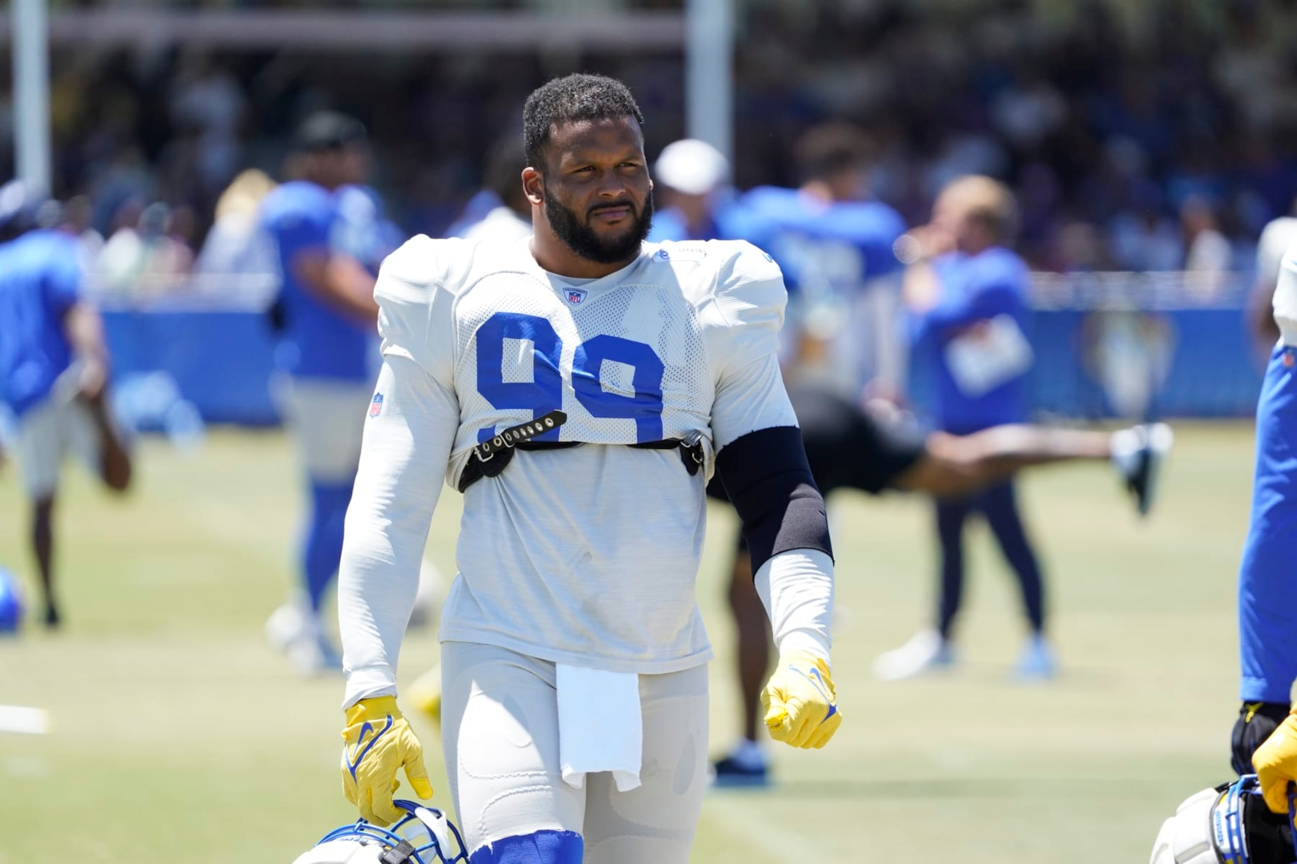 IRVINE, CA - AUGUST 06:  Aaron Donald #99 of the Rams works out during the Los Angeles Rams Training Camp on August 06, 2022, at UC Irvine in Irvine, CA. (Photo by Icon Sportswire)