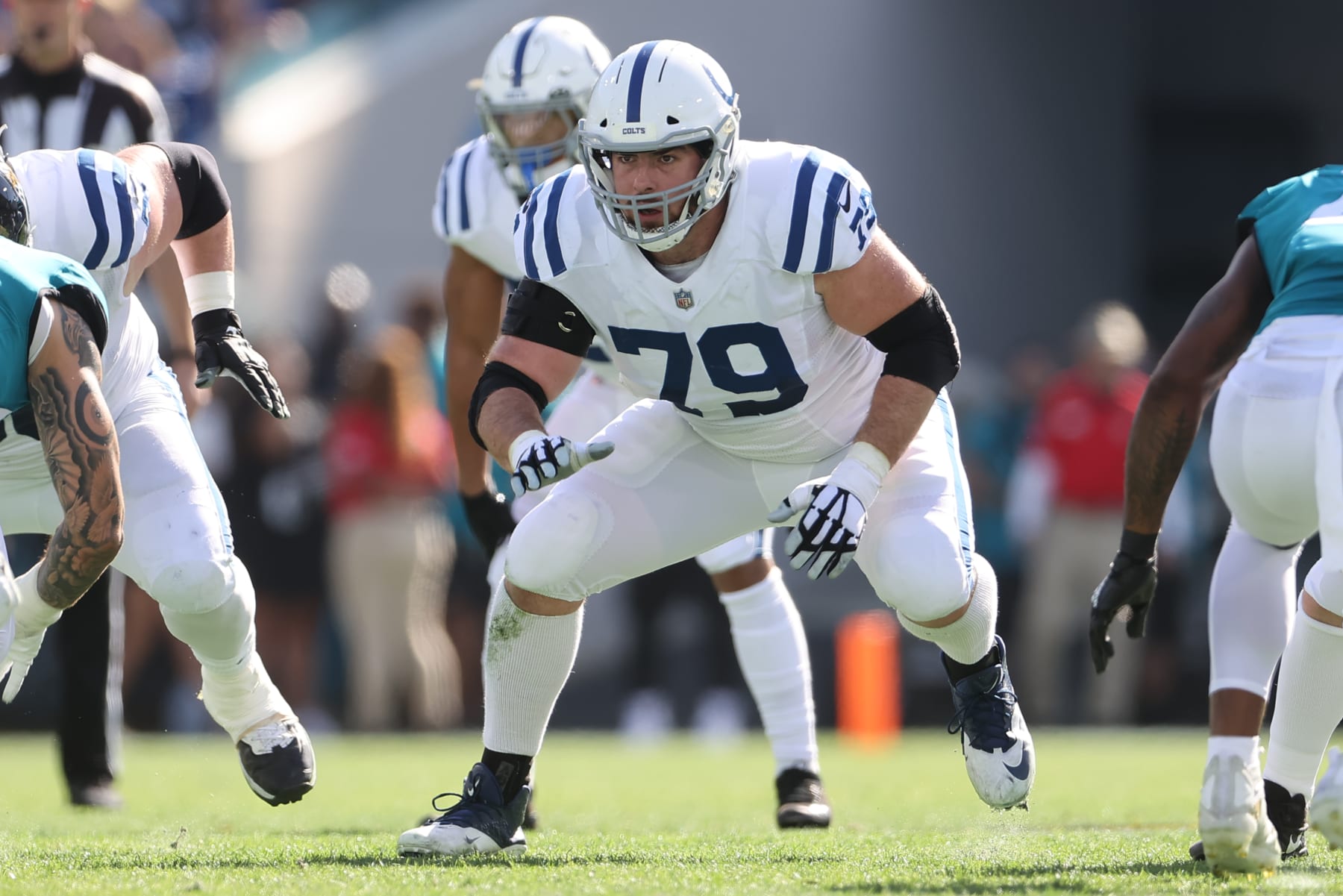JACKSONVILLE, FL - JANUARY 09: Indianapolis Colts offensive tackle Eric Fisher (79) blocks during the game between the Indianapolis Colts and the Jacksonville Jaguars on January 9, 2022 at TIAA Bank Field in Jacksonville, FL (Photo by Icon Sportswire)