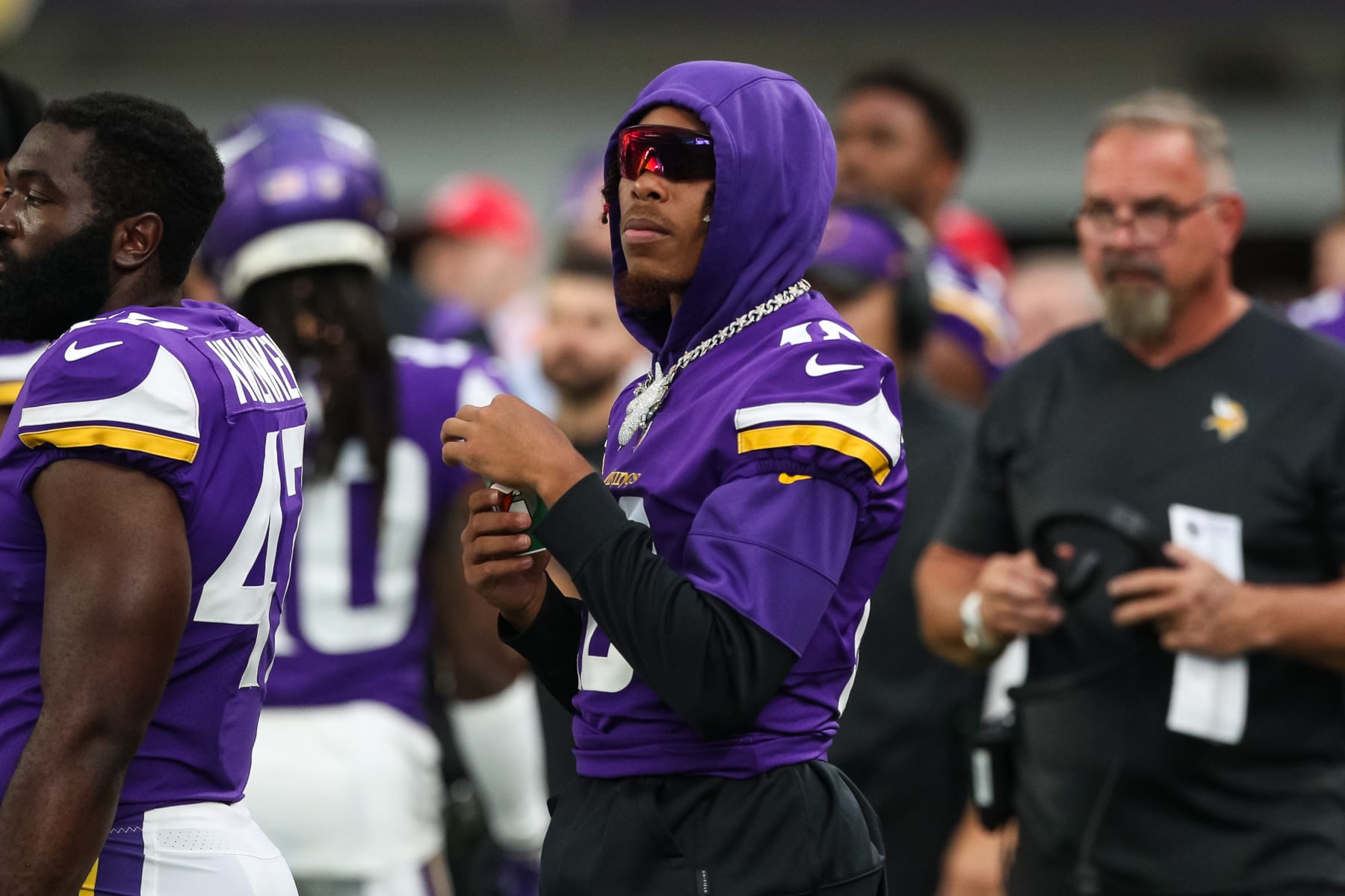 MINNEAPOLIS, MN - AUGUST 20: Justin Jefferson #18 of the Minnesota Vikings looks on against the San Francisco 49ers in the second quarter of a preseason game at U.S. Bank Stadium on August 20, 2022 in Minneapolis, Minnesota. (Photo by David Berding/Getty Images)