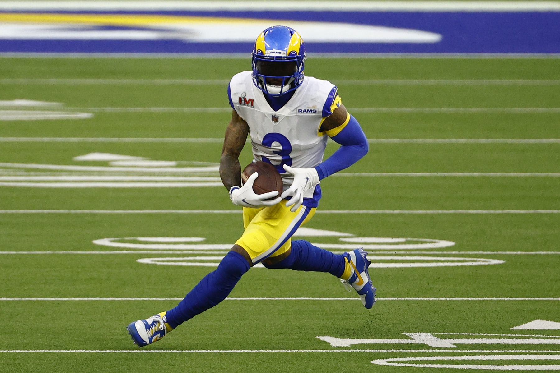 INGLEWOOD, CALIFORNIA - FEBRUARY 13: Odell Beckham Jr. #3 of the Los Angeles Rams runs with the ball during Super Bowl LVI at SoFi Stadium on February 13, 2022 in Inglewood, California. The Los Angeles Rams defeated the Cincinnati Bengals 23-20.  (Photo by Ronald Martinez/Getty Images)