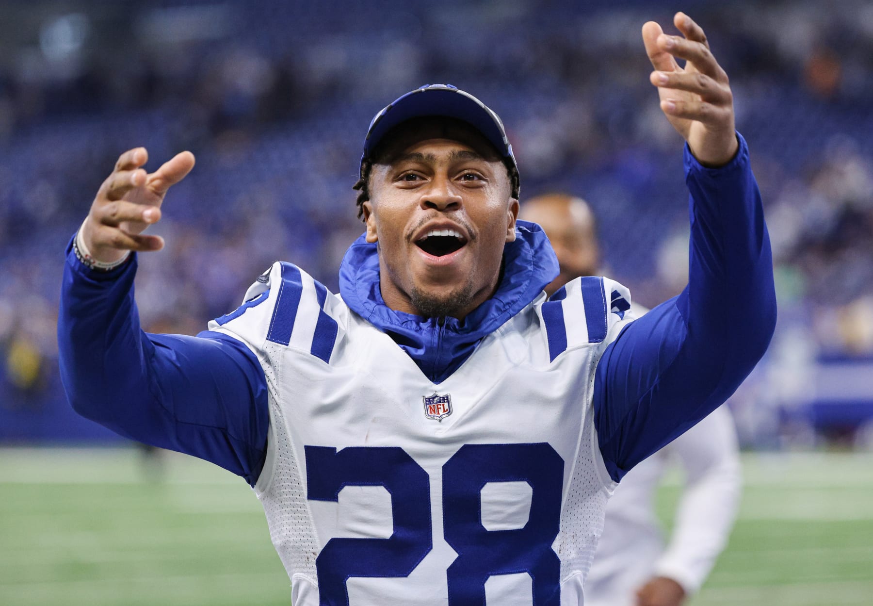 INDIANAPOLIS, IN - AUGUST 20: Jonathan Taylor #28 of Indianapolis Colts seen following the game against the Detroit Lions at Lucas Oil Stadium on August 20, 2022 in Indianapolis, Indiana. (Photo by Michael Hickey/Getty Images)