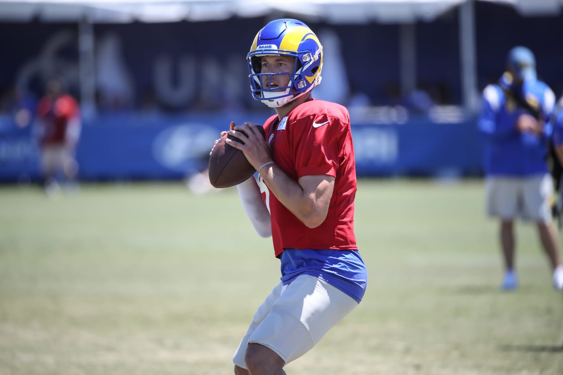 Irvine, CA - AUGUST 06:Los Angeles Rams quarterback Matthew Stafford (9)  during the Los Angeles Rams training camp on August 6, 2022, at UC Irvine in Irvine, CA. (Photo by Jevone Moore/Icon Sportswire via Getty Images)