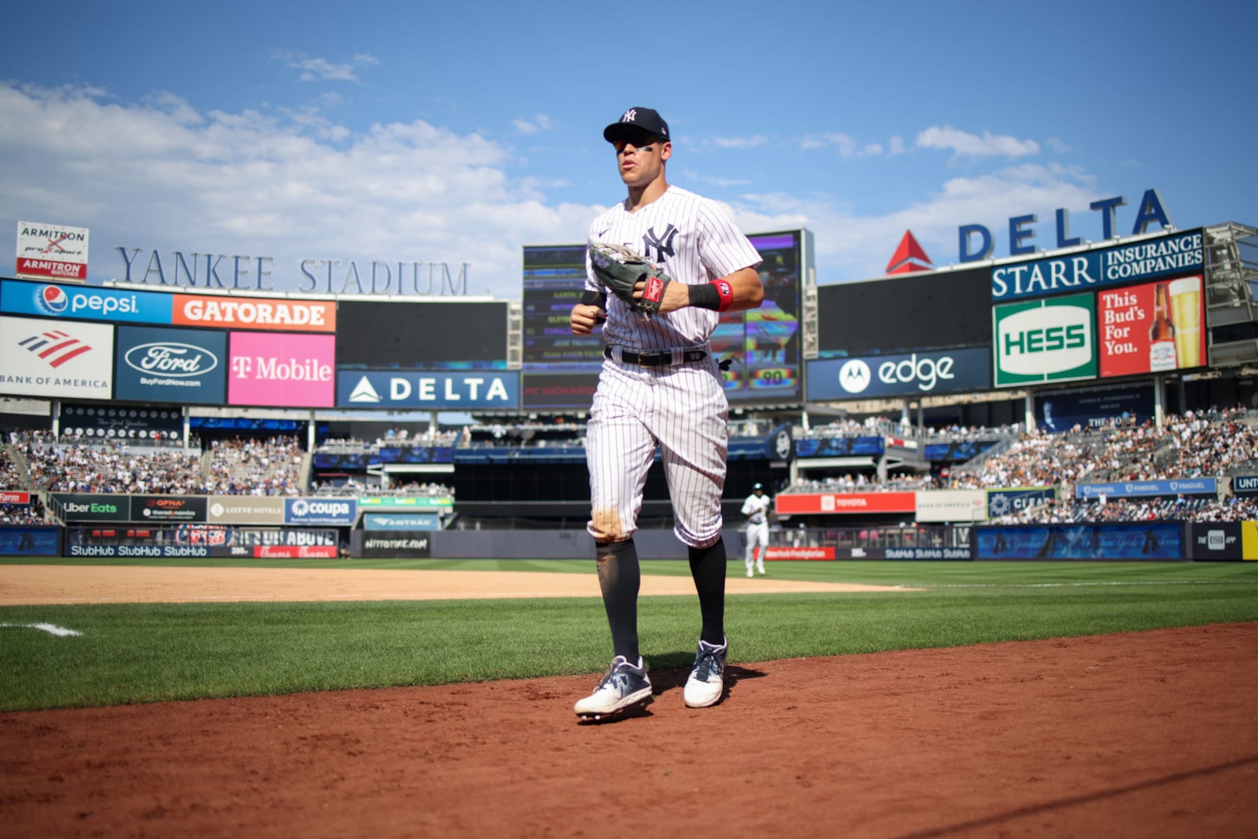 NEW YORK, NY - AUGUST 20: Aaron Judge #99 of the New York Yankees returns to the dugout during the game between the Toronto Blue Jays and the New York Yankees at Yankee Stadium on Saturday, August 20, 2022 in New York, New York. (Photo by Rob Tringali/MLB Photos via Getty Images) NEW YORK, NY - AUGUST 20: Aaron Judge #99 of the New York Yankees returns to the dugout during the game between the Toronto Blue Jays and the New York Yankees at Yankee Stadium on Saturday, August 20, 2022 in New York, New York. (Photo by Rob Tringali/MLB Photos via Getty Images)