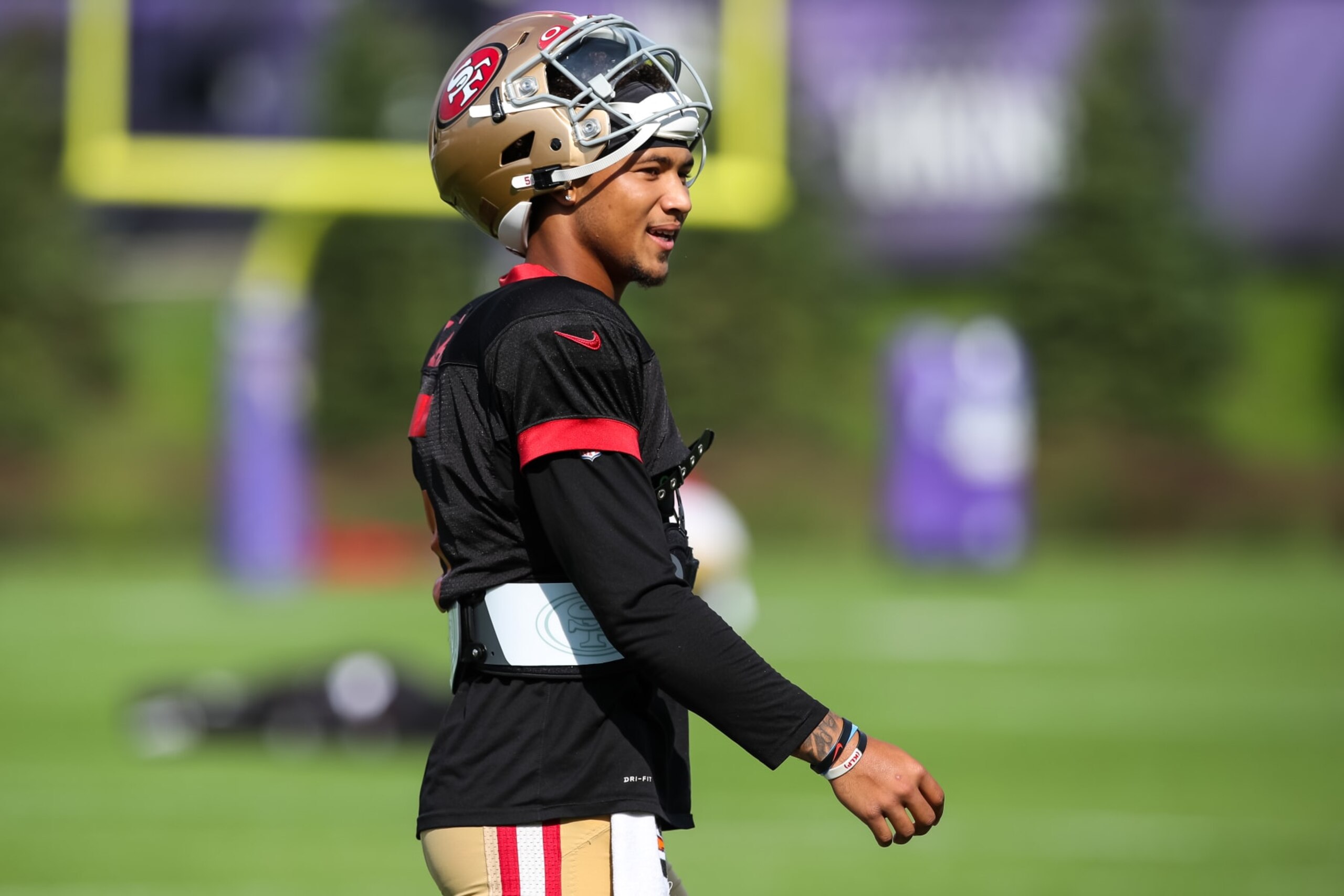 EAGAN, MN - AUGUST 18: Trey Lance #5 of the San Francisco 49ers looks on during a joint practice with the Minnesota Vikings at training camp at TCO Performance Center on August 18, 2022 in Eagan, Minnesota. (Photo by David Berding/Getty Images) EAGAN, MN - AUGUST 18: Trey Lance #5 of the San Francisco 49ers looks on during a joint practice with the Minnesota Vikings at training camp at TCO Performance Center on August 18, 2022 in Eagan, Minnesota. (Photo by David Berding/Getty Images)