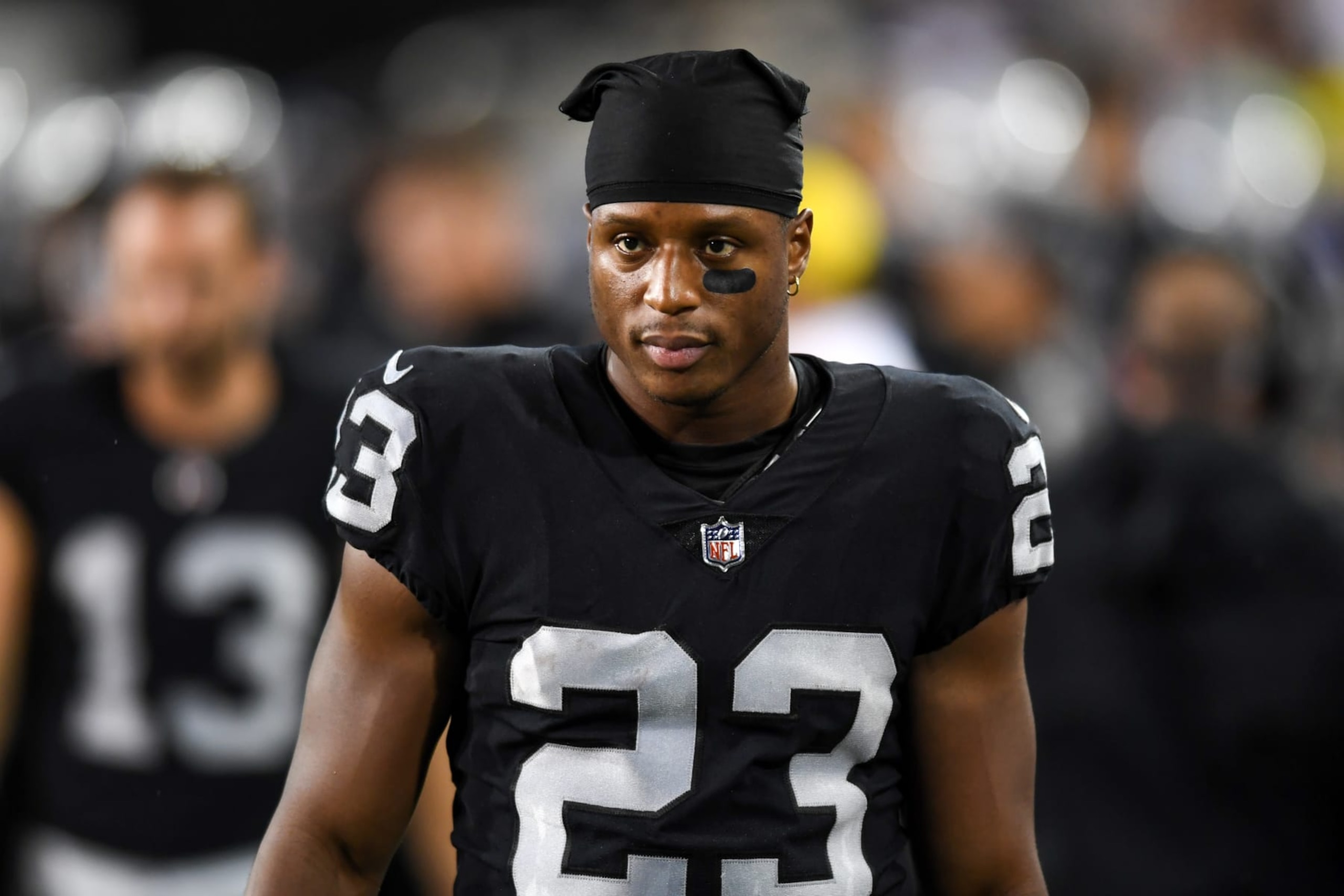 CANTON, OH - AUGUST 04: Kenyan Drake #23 of the Las Vegas Raiders looks on during the first half of the 2022 Pro Football Hall of Fame Game against the Jacksonville Jaguars at Tom Benson Hall of Fame Stadium on August 04, 2022 in Canton, Ohio. (Photo by Nick Cammett/Diamond Images via Getty Images)