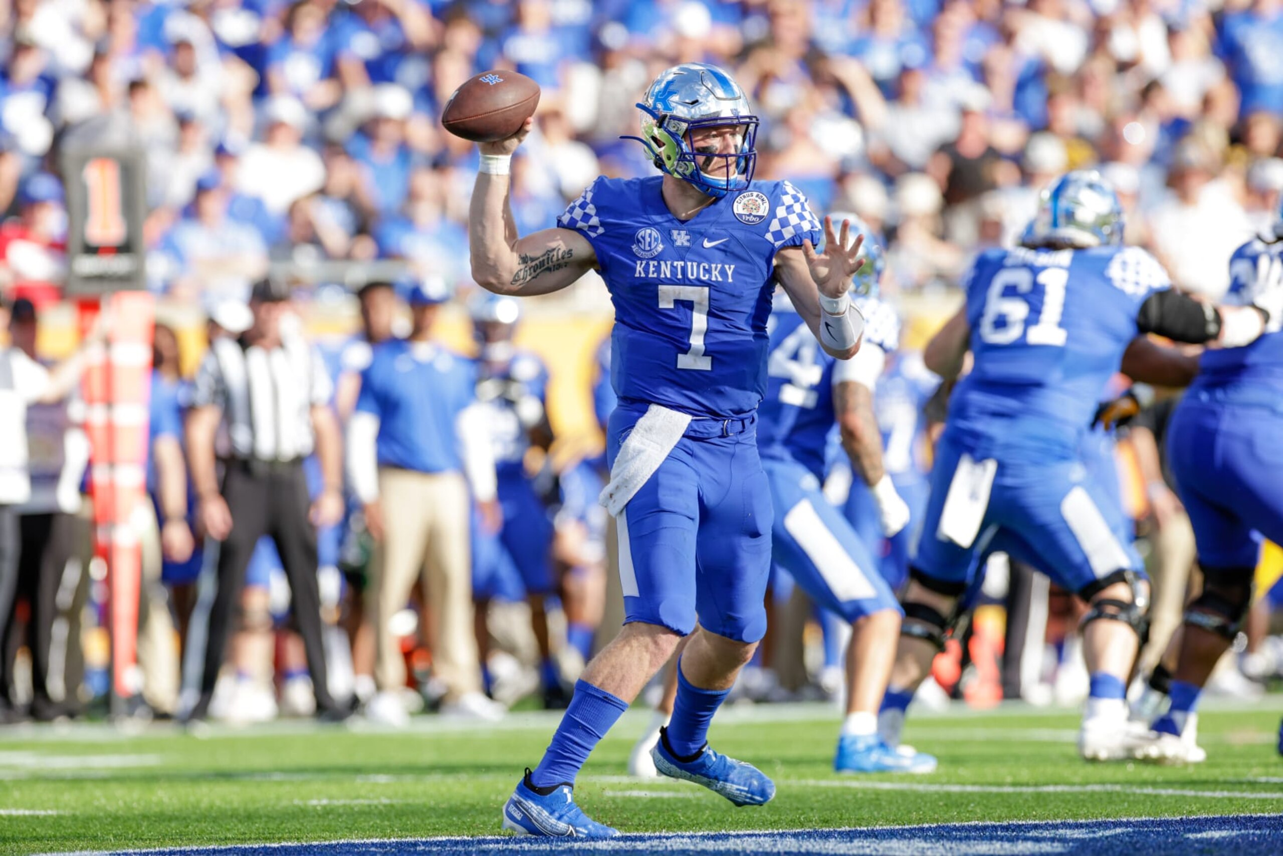 ORLANDO, FL - JANUARY 01: Kentucky Wildcats quarterback Will Levis (7) during the Verb Citrus Bowl game between the Iowa Hawkeyes and the Kentucky Wildcats on January 1, 2022 at Camping World Stadium in Orlando, Fl. (Photo by David Rosenblum/Icon Sportswire via Getty Images) ORLANDO, FL - JANUARY 01: Kentucky Wildcats quarterback Will Levis (7) during the Verb Citrus Bowl game between the Iowa Hawkeyes and the Kentucky Wildcats on January 1, 2022 at Camping World Stadium in Orlando, Fl. (Photo by David Rosenblum/Icon Sportswire via Getty Images)