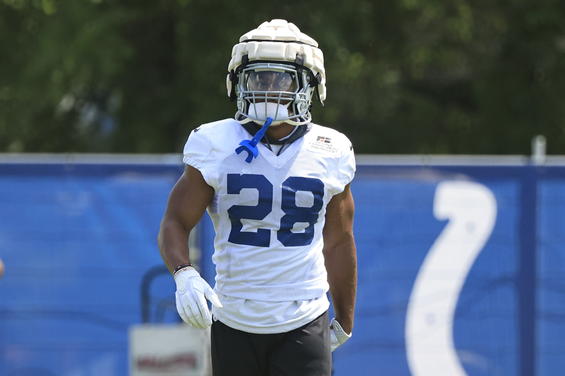 WESTFIELD, INDIANA - AUGUST 11: Jonathan Taylor #28 of the Indianapolis Colts on the field during training camp at Grand Park Sports Campus  on August 11, 2022 in Westfield, Indiana. (Photo by Justin Casterline/Getty Images)