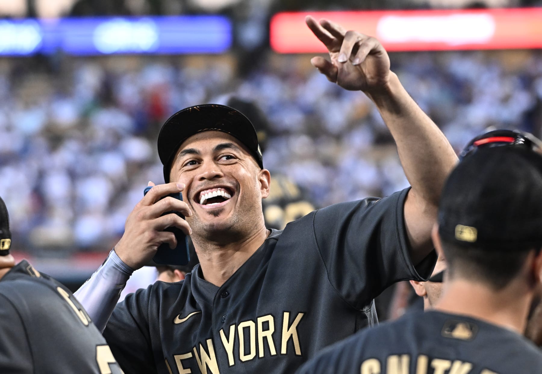 LOS ANGELES, CA - JULY 19: American League outfielder Giancarlo Stanton, of the New  York Yankees, smiles while looking toward the crowd during the 2022 MLB All-Star Game at Dodger Stadium on Tuesday, July 19, 2022 in Los Angeles, CA. (Wally Skalij / Los Angeles Times via Getty Images)