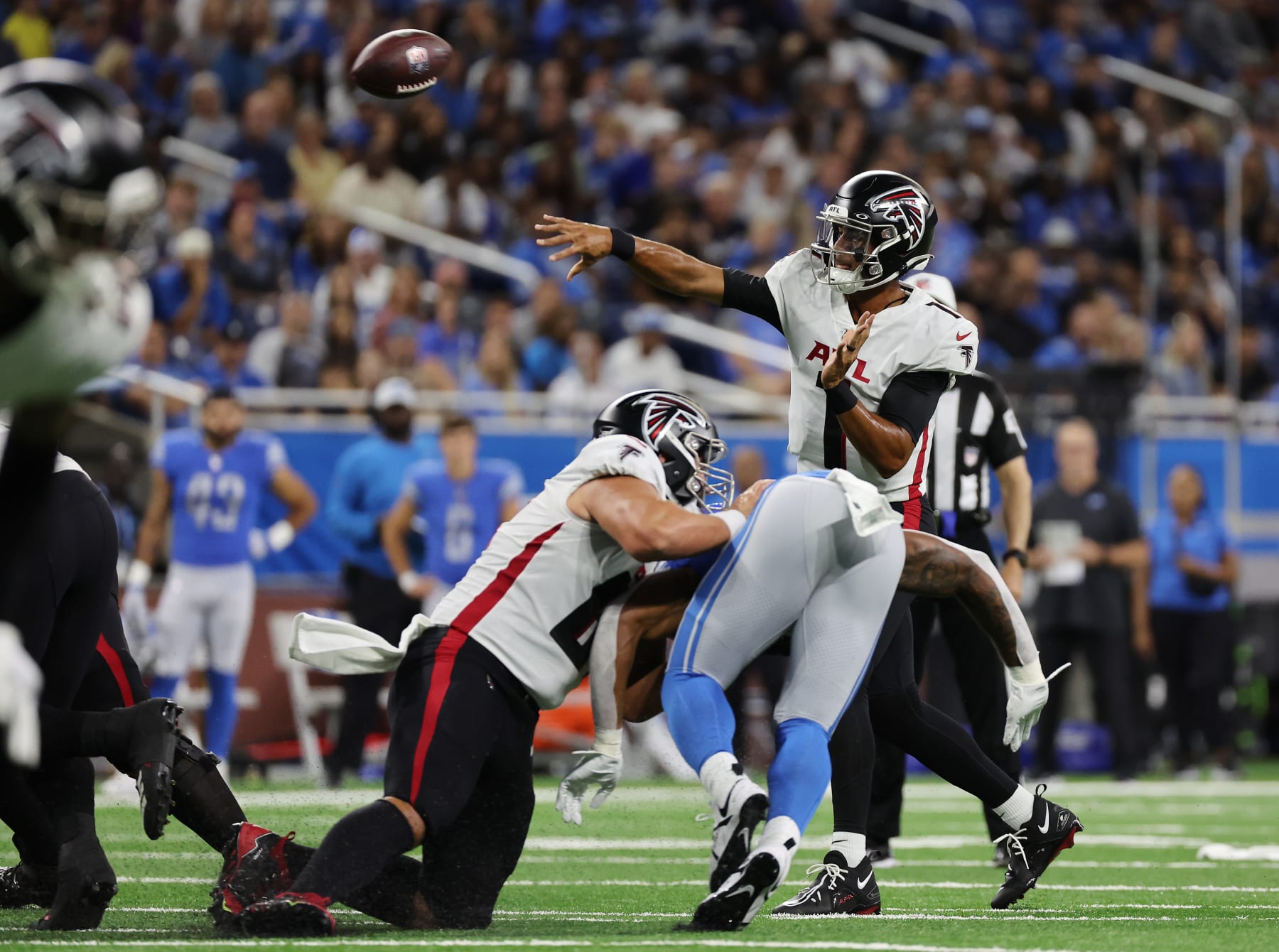 DETROIT, MICHIGAN - AUGUST 12: Marcus Mariota #1 of the Atlanta Falcons throws a first quarter pass against the Detroit Lions during a NFL preseason game at Ford Field on August 12, 2022 in Detroit, Michigan. (Photo by Gregory Shamus/Getty Images)