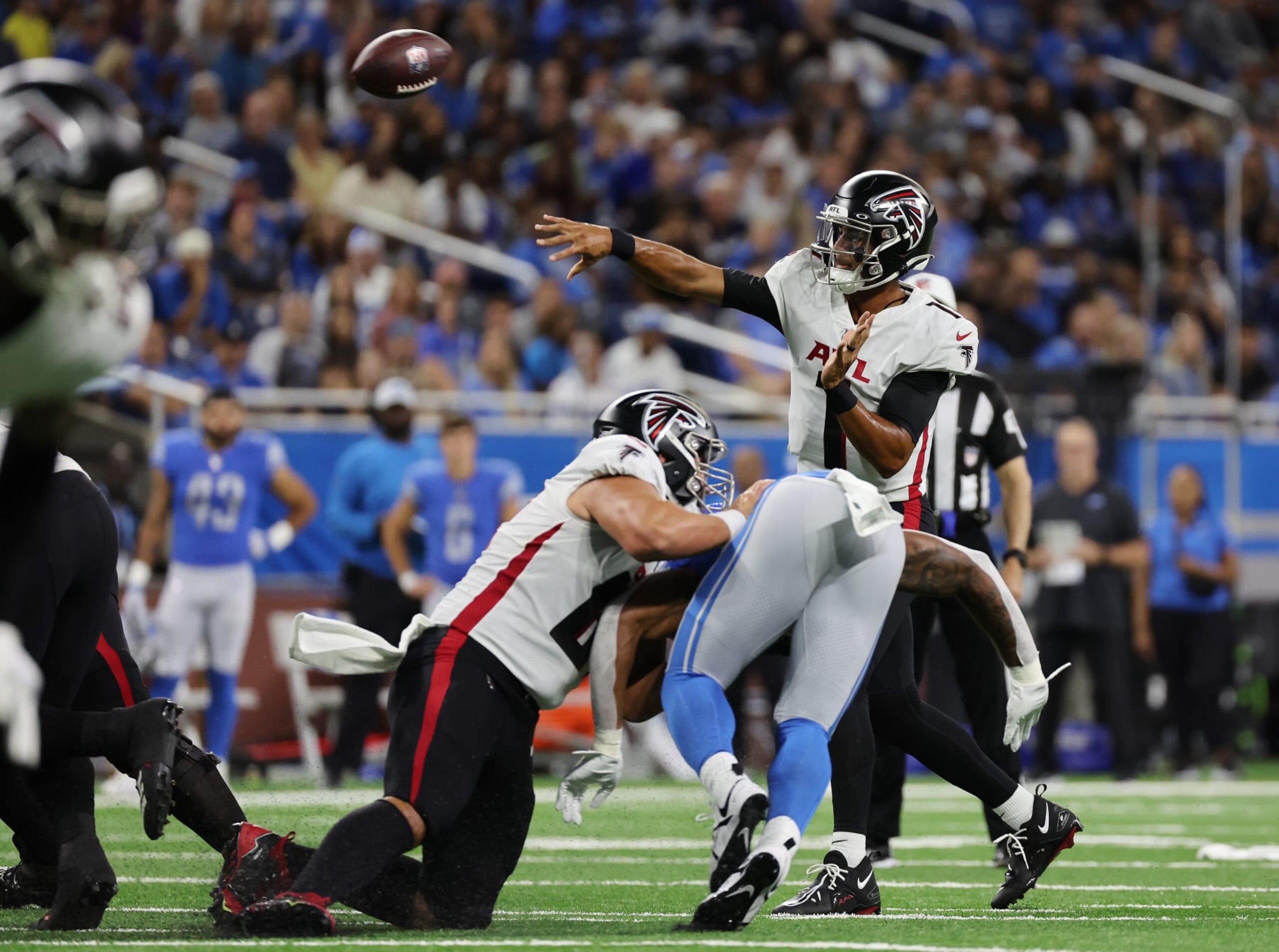 DETROIT, MICHIGAN - AUGUST 12: Marcus Mariota #1 of the Atlanta Falcons throws a first quarter pass against the Detroit Lions during a NFL preseason game at Ford Field on August 12, 2022 in Detroit, Michigan. (Photo by Gregory Shamus/Getty Images)