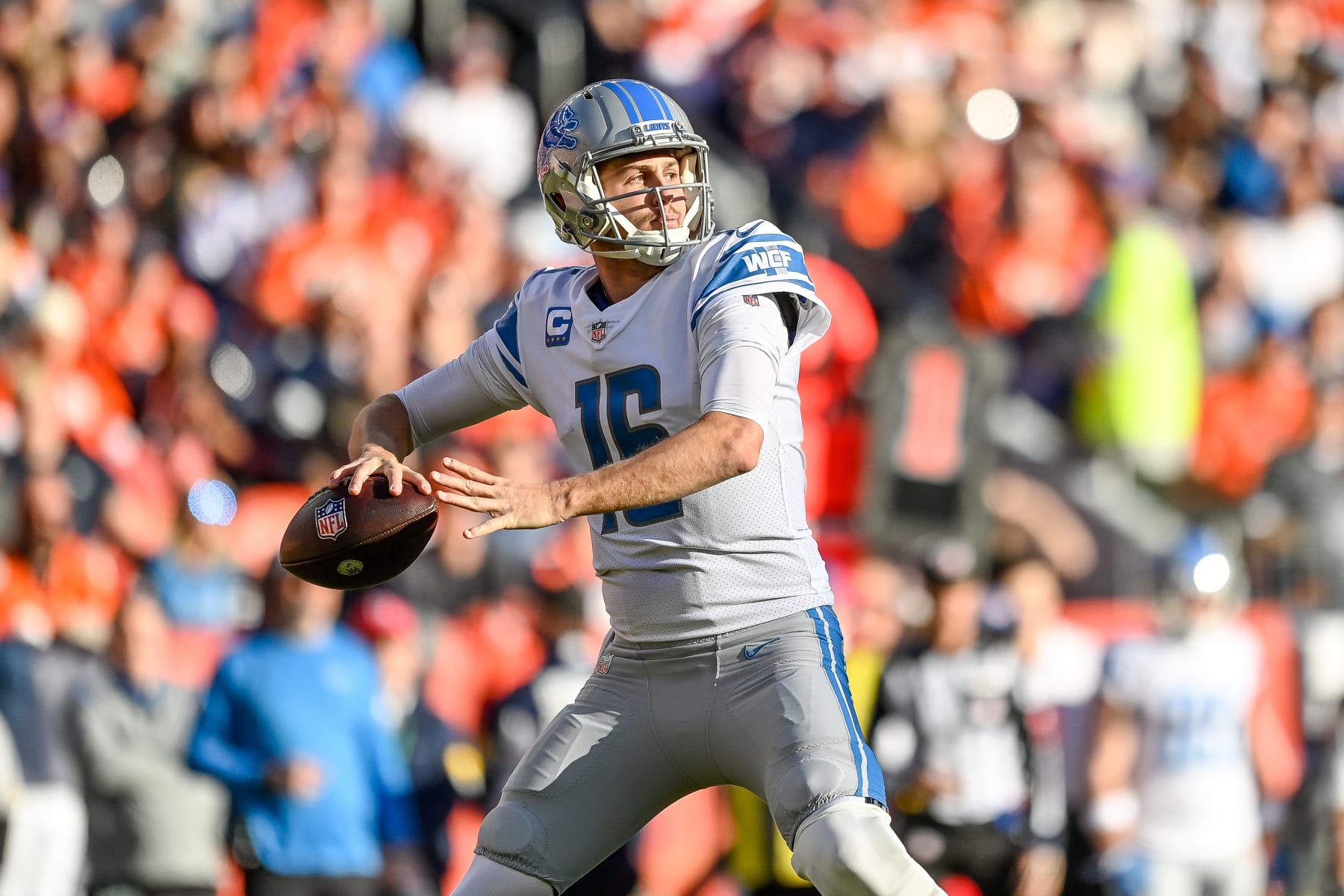 DENVER, CO - DECEMBER 12: Detroit Lions quarterback Jared Goff (16) passes during a game between the Denver Broncos and the Detroit Lions at Empower Field at Mile High on December 12, 2021 in Denver, Colorado. (Photo by Dustin Bradford/Icon Sportswire via Getty Images)