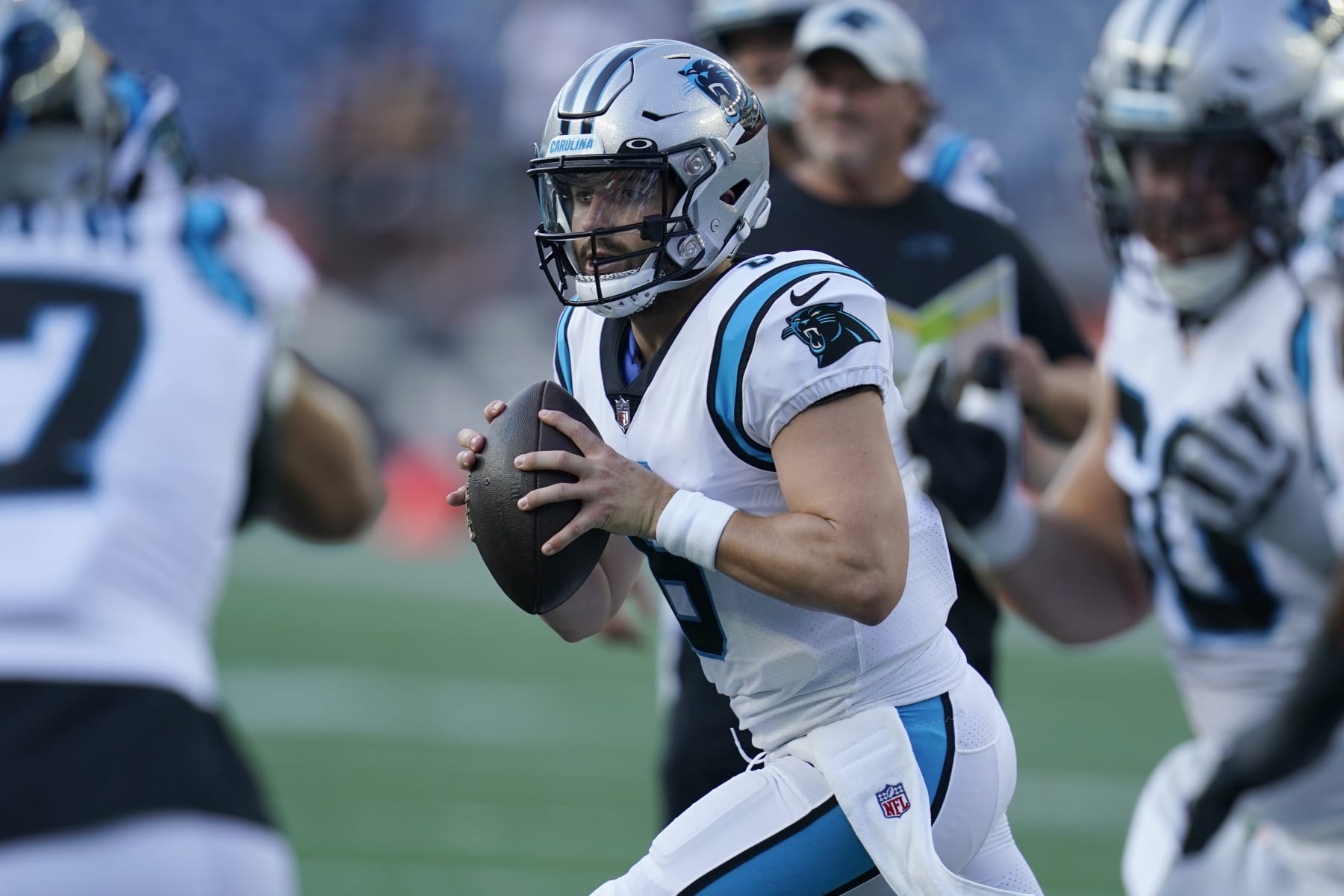 Carolina Panthers quarterback Baker Mayfield (6) warms up prior to a preseason NFL football game against the New England Patriots, Friday, Aug. 19, 2022, in Foxborough, Mass. (AP Photo/Charles Krupa)