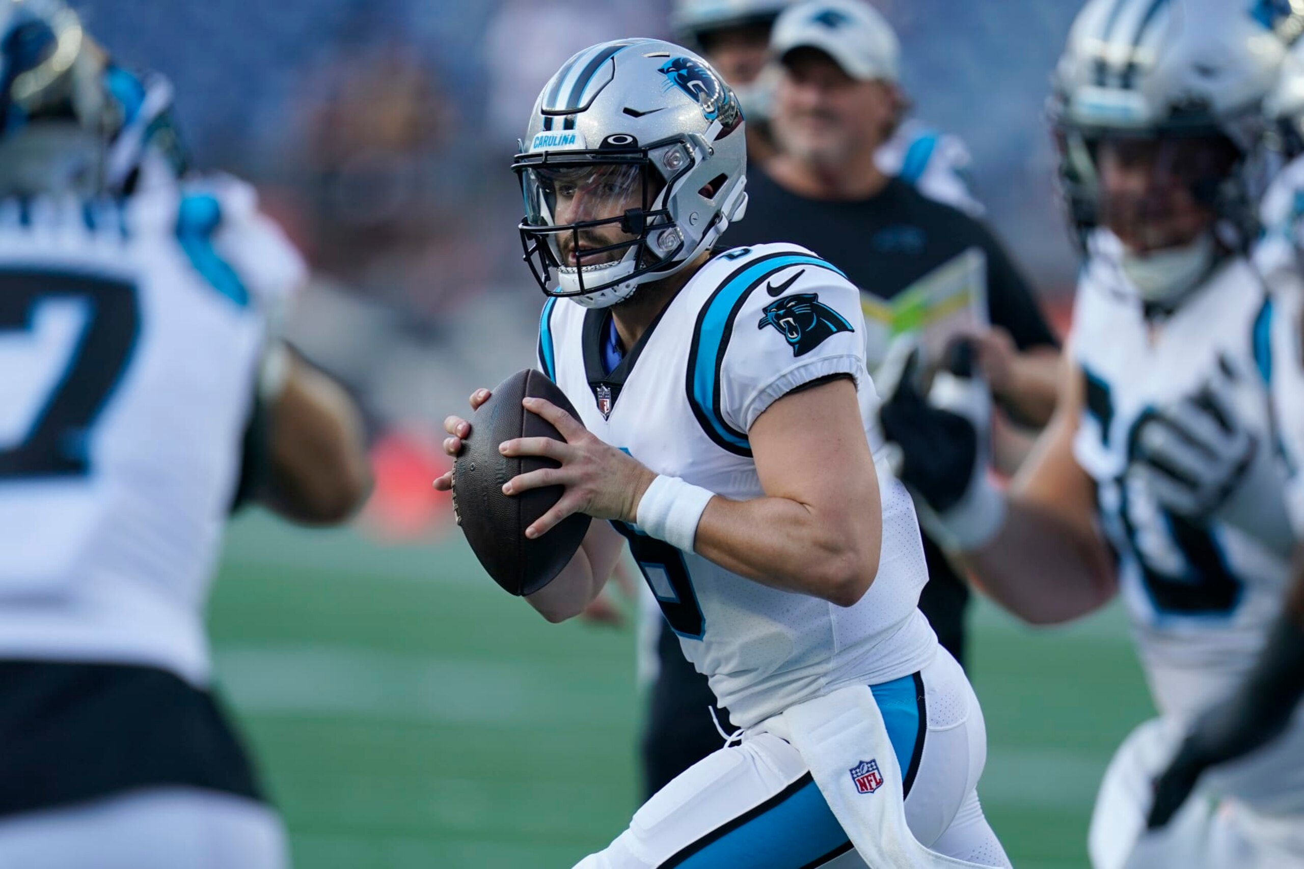 Carolina Panthers quarterback Baker Mayfield (6) warms up prior to a preseason NFL football game against the New England Patriots, Friday, Aug. 19, 2022, in Foxborough, Mass. (AP Photo/Charles Krupa)