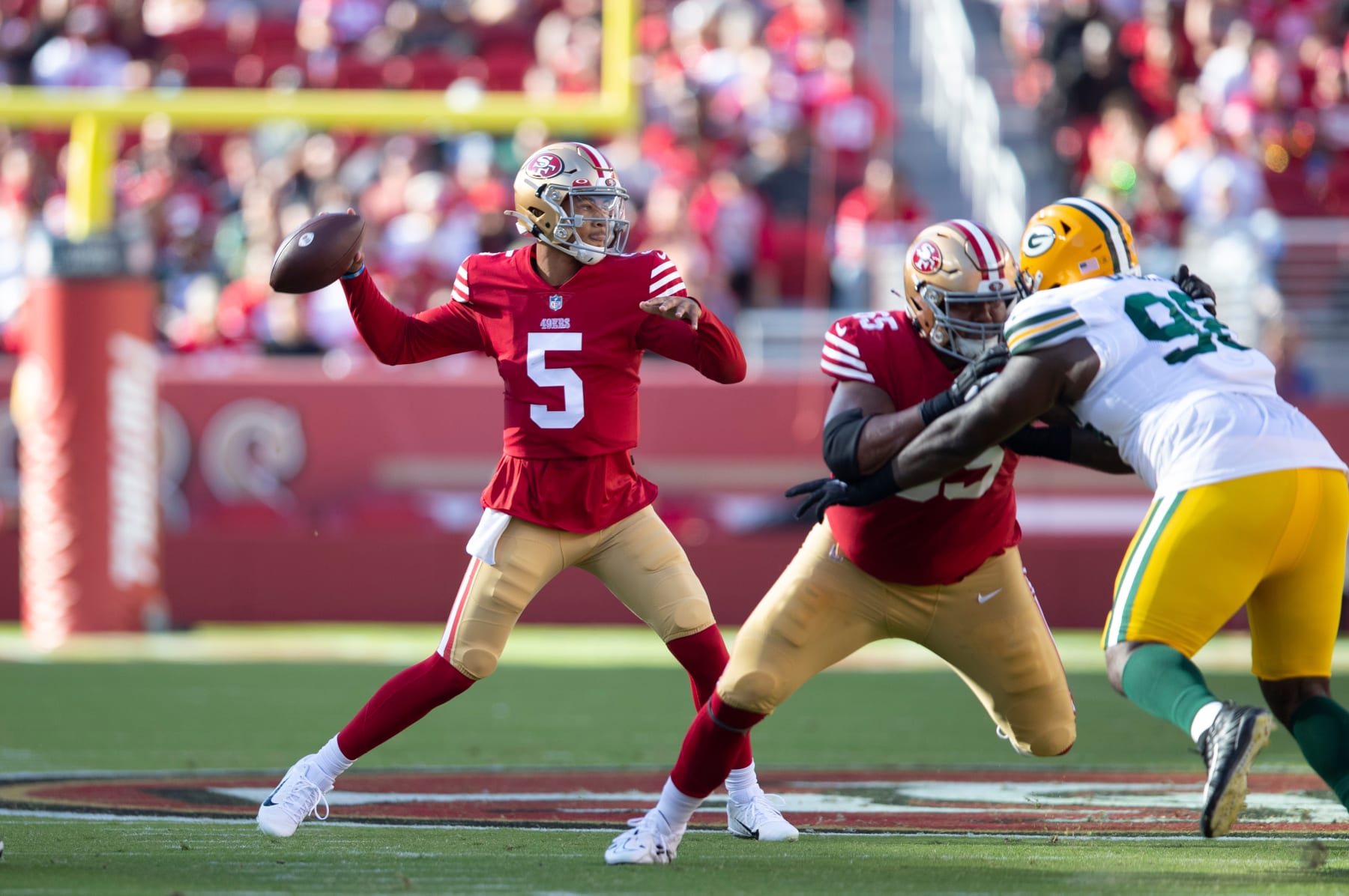 SANTA CLARA, CA - AUGUST 12: Trey Lance #5 of the San Francisco 49ers passes during the game against the Green Bay Packers at Levi's Stadium on August 12, 2022 in Santa Clara, California. The 49ers defeated the Packers 28-21. (Photo by Michael Zagaris/San Francisco 49ers/Getty Images)