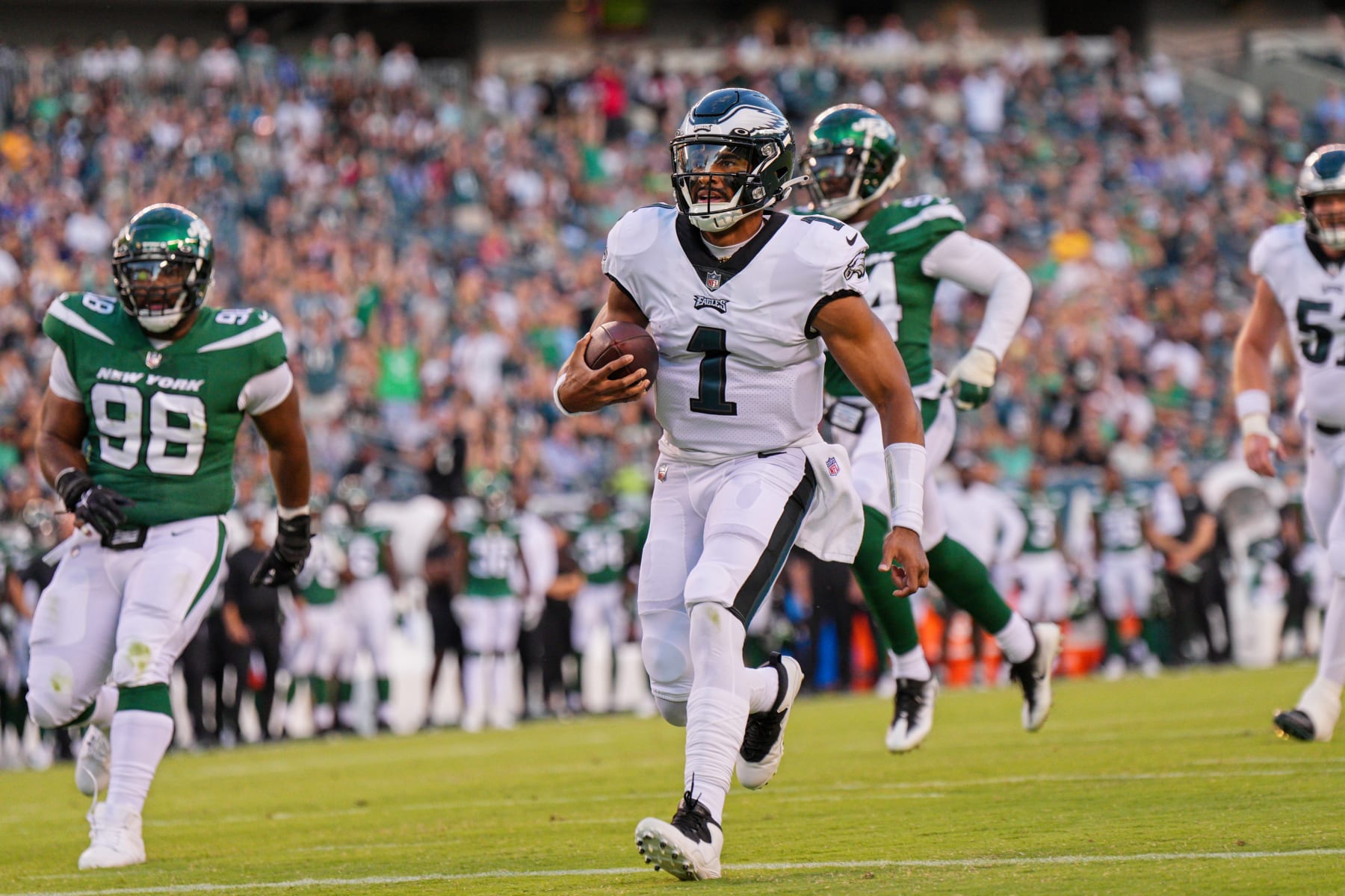 PHILADELPHIA, PA - AUGUST 12: Philadelphia Eagles quarterback Jalen Hurts (1) runs into the end zone during pre-season game between the New York Jets and the Philadelphia Eagles on August 12, 2022 at Lincoln Financial Field in Philadelphia PA. (Photo by Andy Lewis/Icon Sportswire via Getty Images)