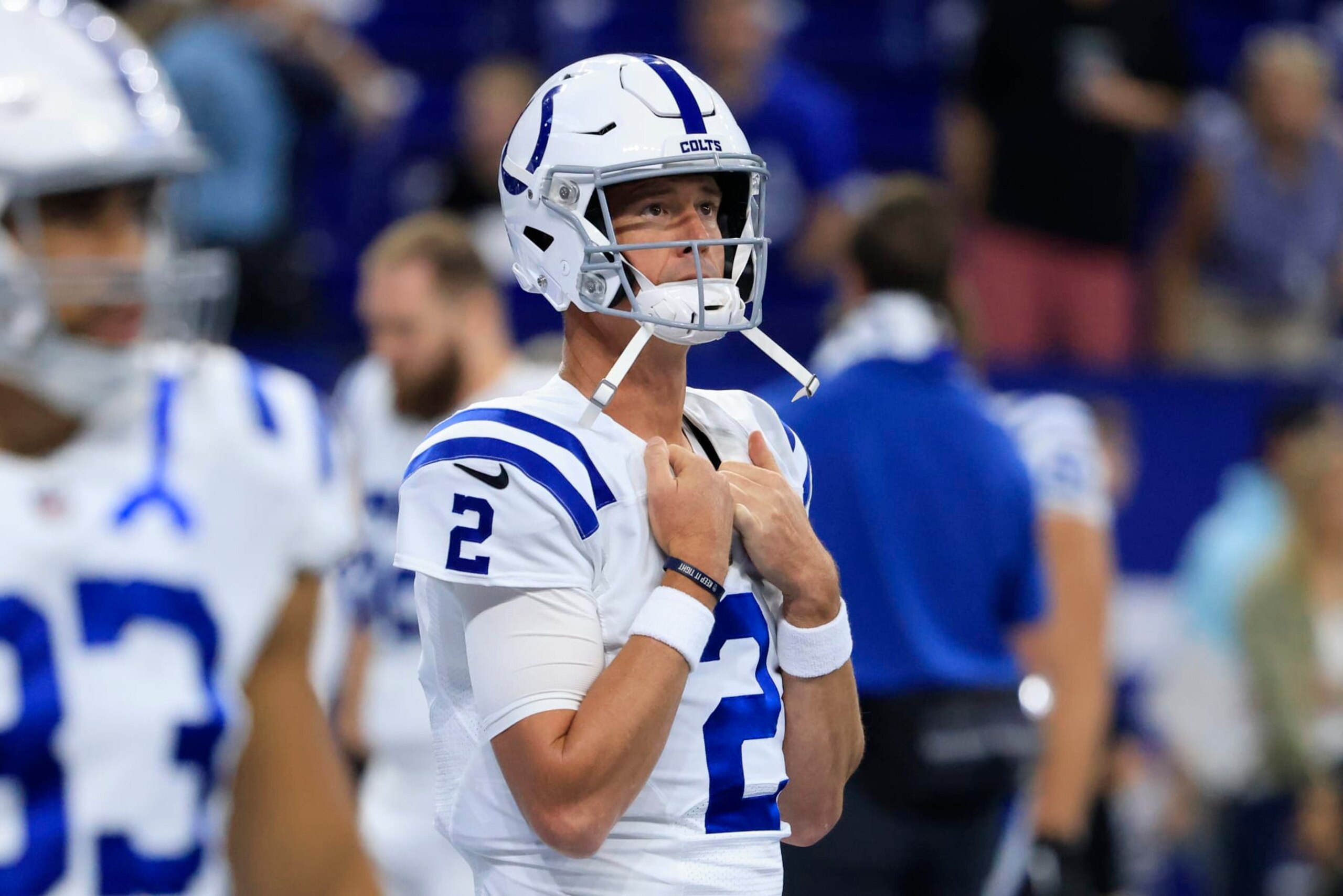 INDIANAPOLIS, INDIANA - AUGUST 20: Matt Ryan #2 of the Indianapolis Colts on the field before the preseason game against the Detroit Lions at Lucas Oil Stadium on August 20, 2022 in Indianapolis, Indiana. (Photo by Justin Casterline/Getty Images)
