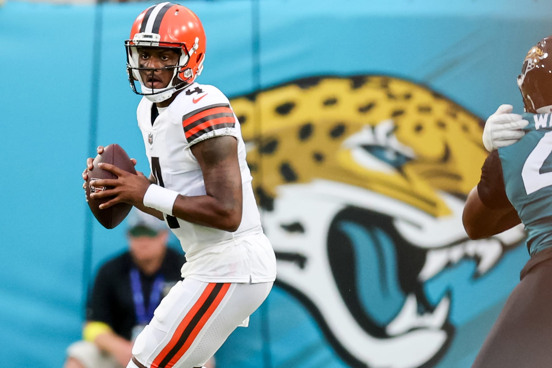 JACKSONVILLE, FL - AUGUST 12: Deshaun Watson #4 of the Cleveland Browns looks to throw against the Jacksonville Jaguars during a football game at TIAA Bank Field on August 12, 2022 in Jacksonville, Florida. (Photo by Mike Carlson/Getty Images)