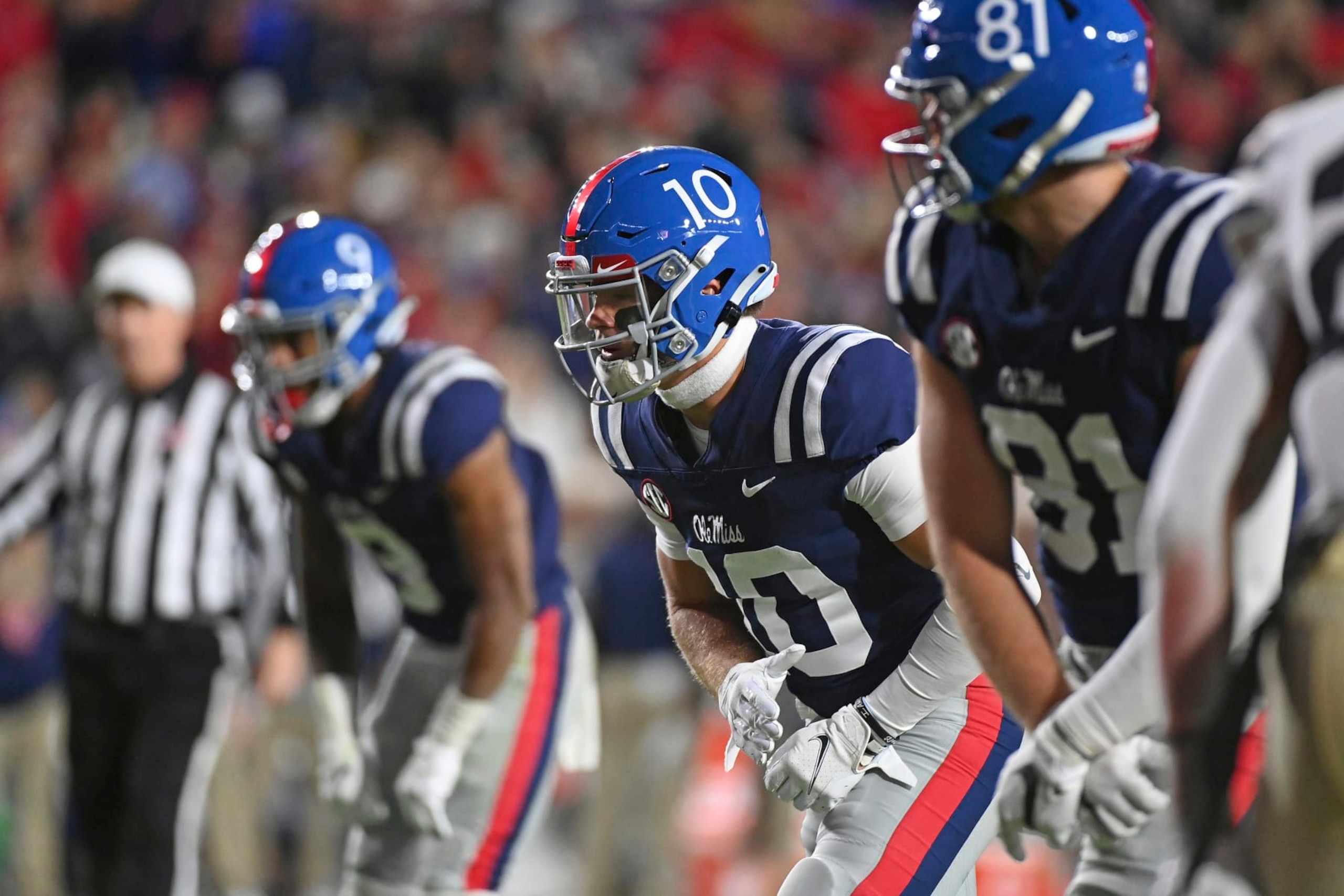 Mississippi wide receiver John Rhys Plumlee (10) lines up for a play during the first half of an NCAA college football game against Vanderbilt in Oxford, Miss., Saturday, Nov. 20, 2021. (AP Photo/Thomas Graning)