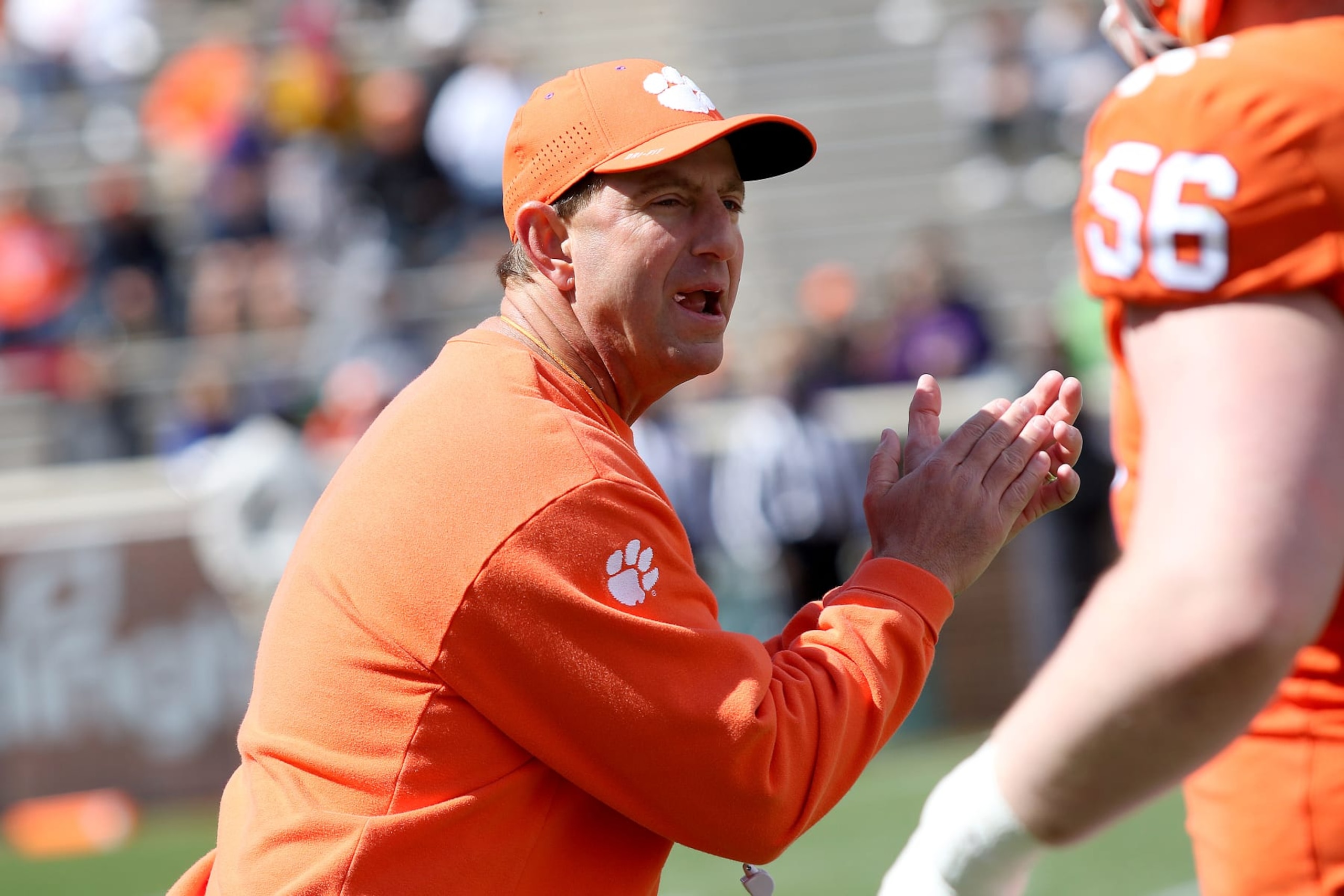 CLEMSON, SC - APRIL 09: Dabo Swinney head coach of Clemson during the annual Orange and White Spring football game on April 9, 2022 at Clemson Memorial Stadium in Clemson, S.C. (Photo by John Byrum/Icon Sportswire via Getty Images)