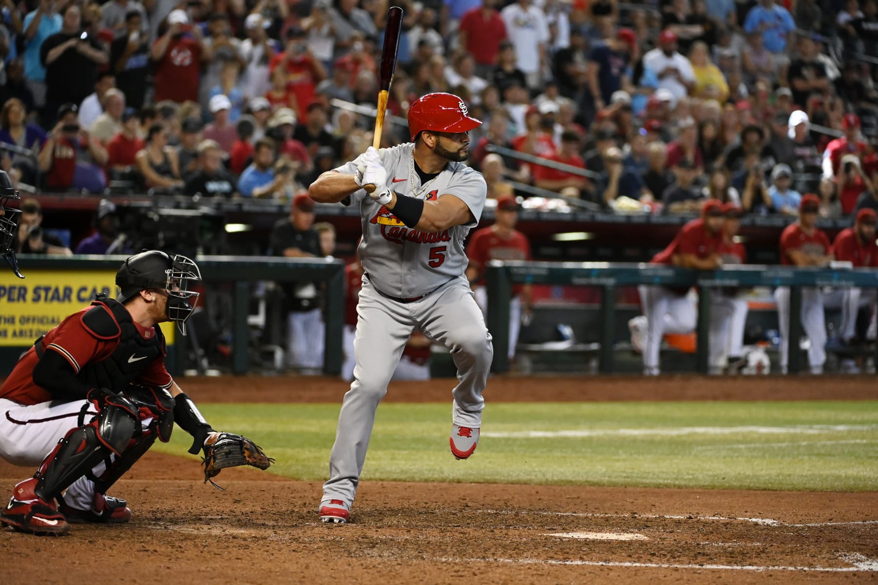 PHOENIX, ARIZONA - AUGUST 21: Albert Pujols #5 of the St Louis Cardinals gets ready in the batters box against the Arizona Diamondbacks at Chase Field on August 21, 2022 in Phoenix, Arizona. (Photo by Norm Hall/Getty Images)