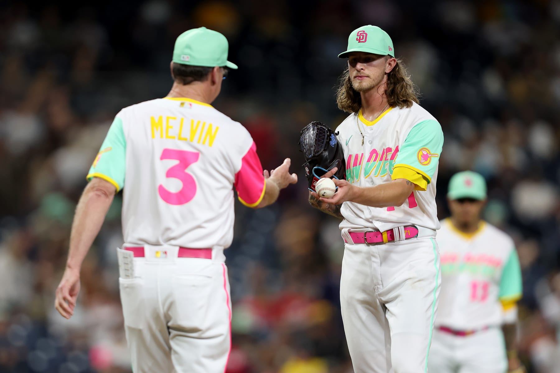 SAN DIEGO, CALIFORNIA - AUGUST 19: Manager Bob Melvin #3 takes Josh Hader #71 of the San Diego Padres out of the game during the ninth inning of a game against the Washington Nationals at PETCO Park on August 19, 2022 in San Diego, California. (Photo by Sean M. Haffey/Getty Images)
