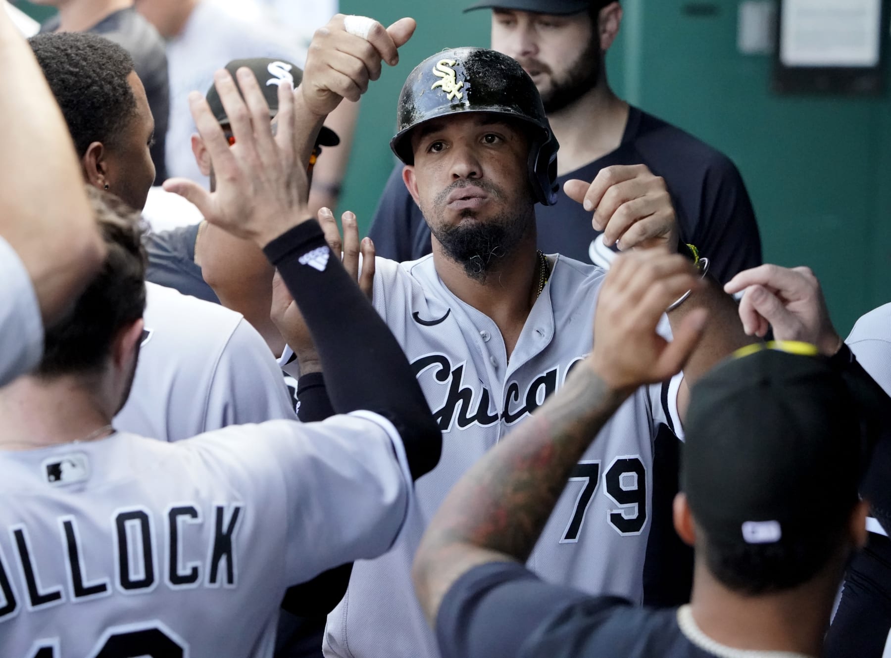 KANSAS CITY, MISSOURI - AUGUST 22:  Jose Abreu #79 of the Chicago White Sox celebrates scoring on a single off the bat of Elvis Andrus in the seventh inning against the Kansas City Royals at Kauffman Stadium on August 22, 2022 in Kansas City, Missouri. (Photo by Ed Zurga/Getty Images)