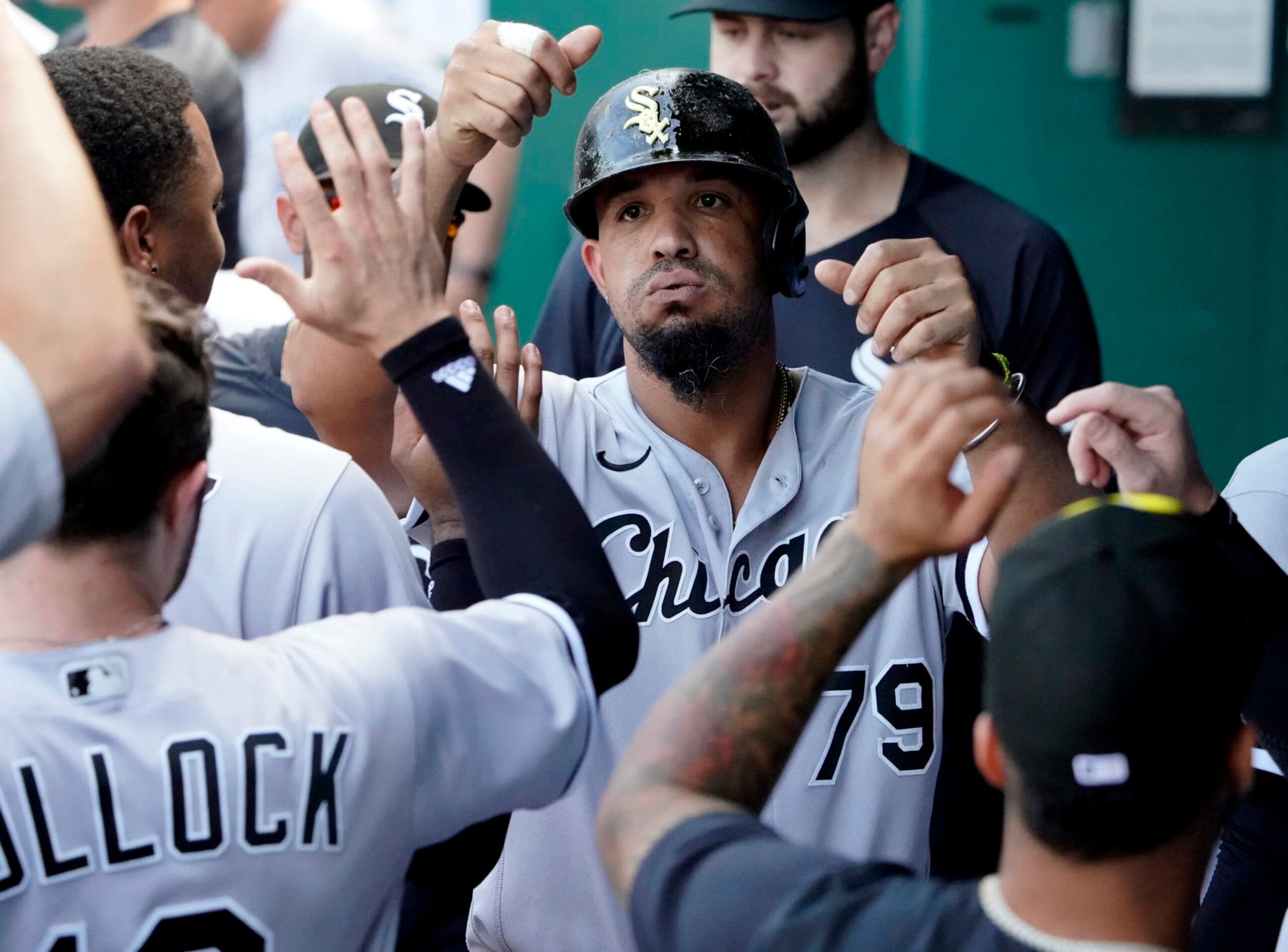 KANSAS CITY, MISSOURI - AUGUST 22:  Jose Abreu #79 of the Chicago White Sox celebrates scoring on a single off the bat of Elvis Andrus in the seventh inning against the Kansas City Royals at Kauffman Stadium on August 22, 2022 in Kansas City, Missouri. (Photo by Ed Zurga/Getty Images)