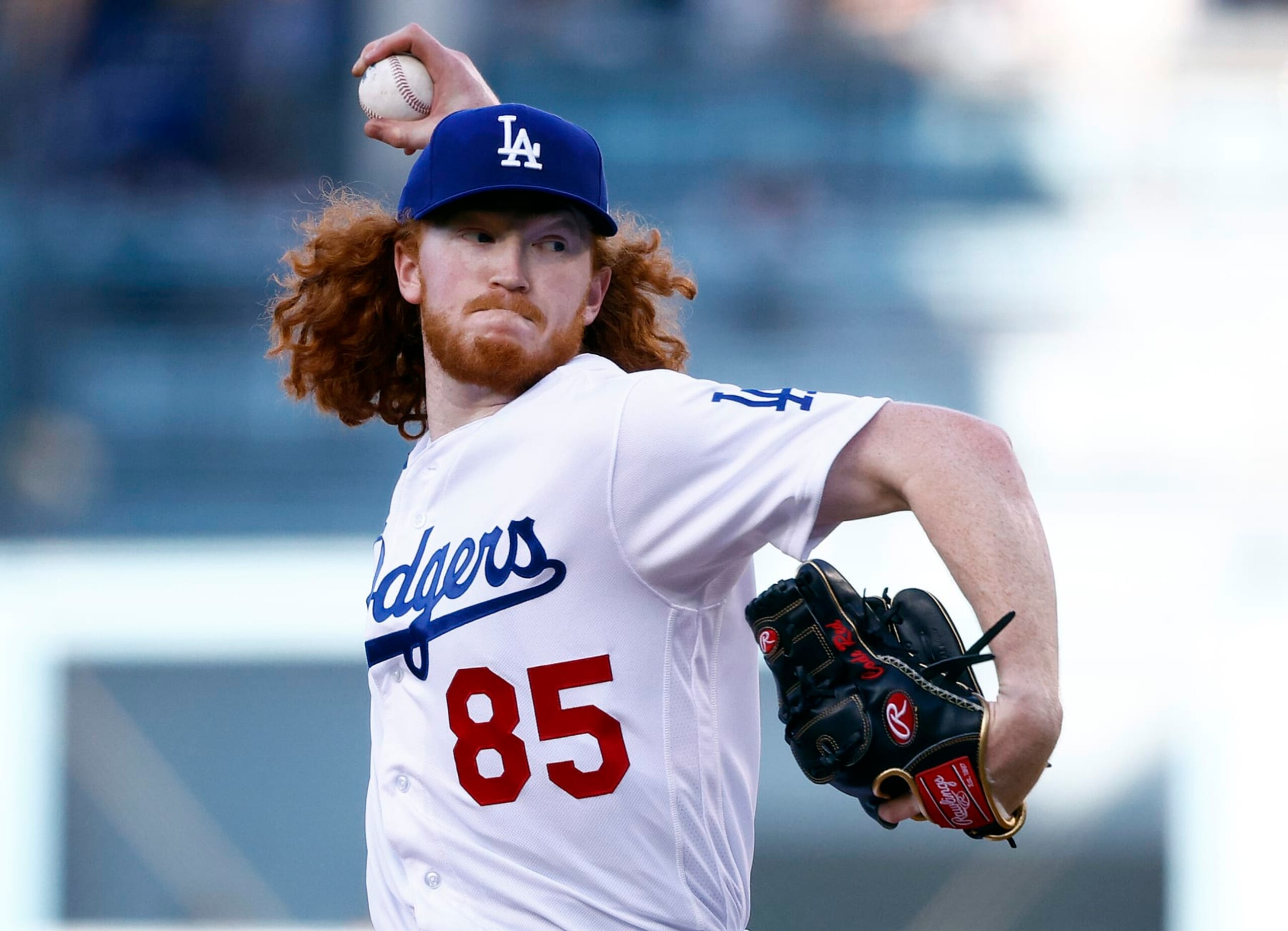 LOS ANGELES, CALIFORNIA - AUGUST 20:  Dustin May #85 of the Los Angeles Dodgers throws against the Miami Marlins in the first inning at Dodger Stadium on August 20, 2022 in Los Angeles, California. (Photo by Ronald Martinez/Getty Images)