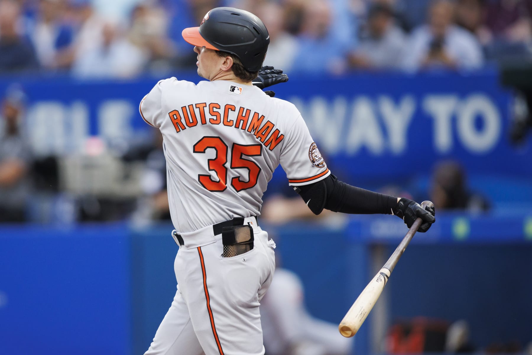 TORONTO, ON - AUGUST 16: Adley Rutschman #35 of the Baltimore Orioles at bat in the first inning of their MLB game against the Toronto Blue Jays at Rogers Centre on August 16, 2022 in Toronto, Canada. (Photo by Cole Burston/Getty Images)