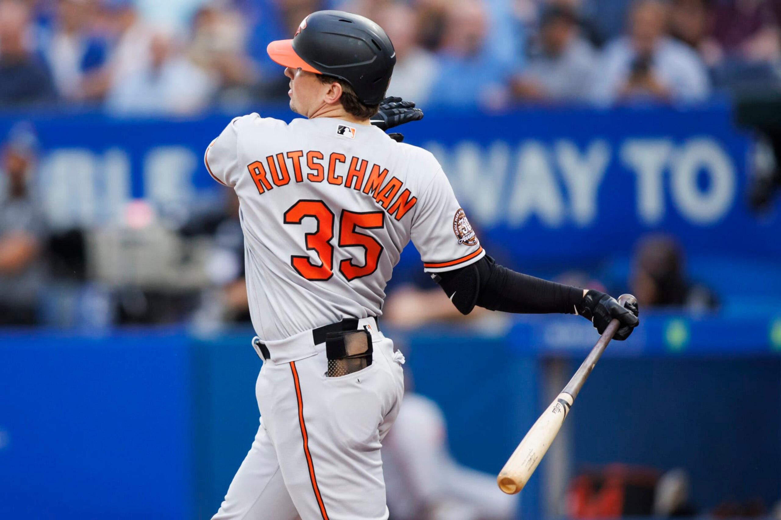 TORONTO, ON - AUGUST 16: Adley Rutschman #35 of the Baltimore Orioles at bat in the first inning of their MLB game against the Toronto Blue Jays at Rogers Centre on August 16, 2022 in Toronto, Canada. (Photo by Cole Burston/Getty Images)