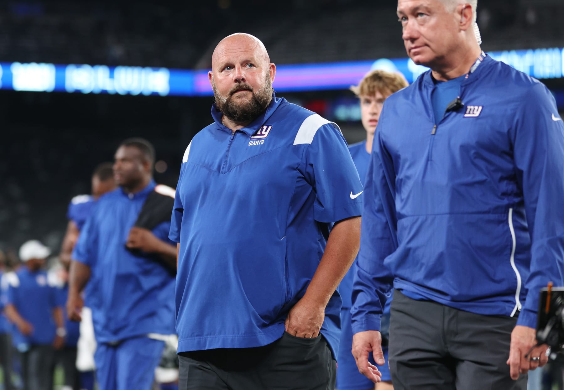 EAST RUTHERFORD, NEW JERSEY - AUGUST 21: Head coach Brian Daboll of the New York Giants looks on after the second half of a preseason game against the Cincinnati Bengals at MetLife Stadium on August 21, 2022 in East Rutherford, New Jersey. The Giants won 25-22. (Photo by Sarah Stier/Getty Images)