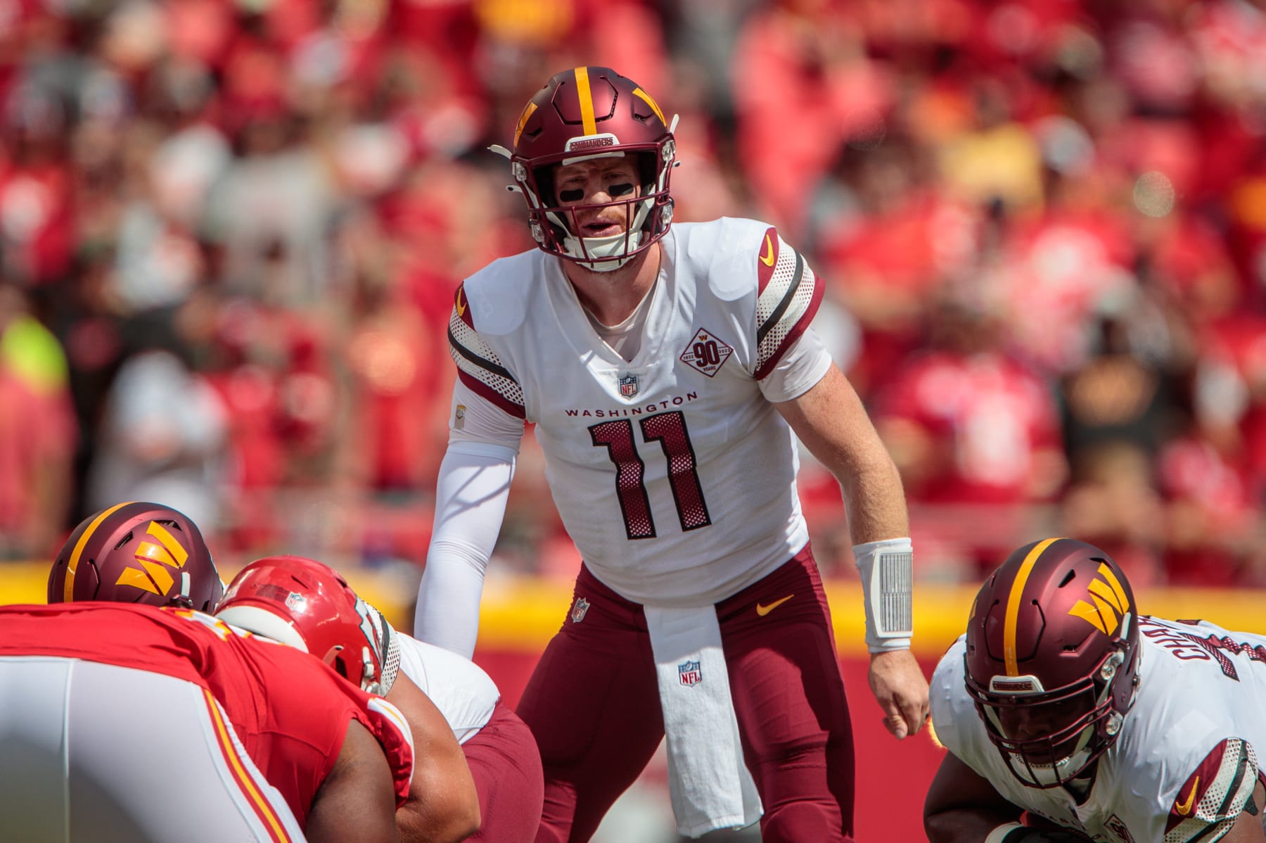 KANSAS CITY, MO - AUGUST 20: Washington Commanders quarterback Carson Wentz (11) behind the line during the game against the Kansas City Chiefs on August 20th, 2022 at GEHA field Arrowhead Stadium in Kansas City, Missouri. (Photo by William Purnell/Icon Sportswire via Getty Images)