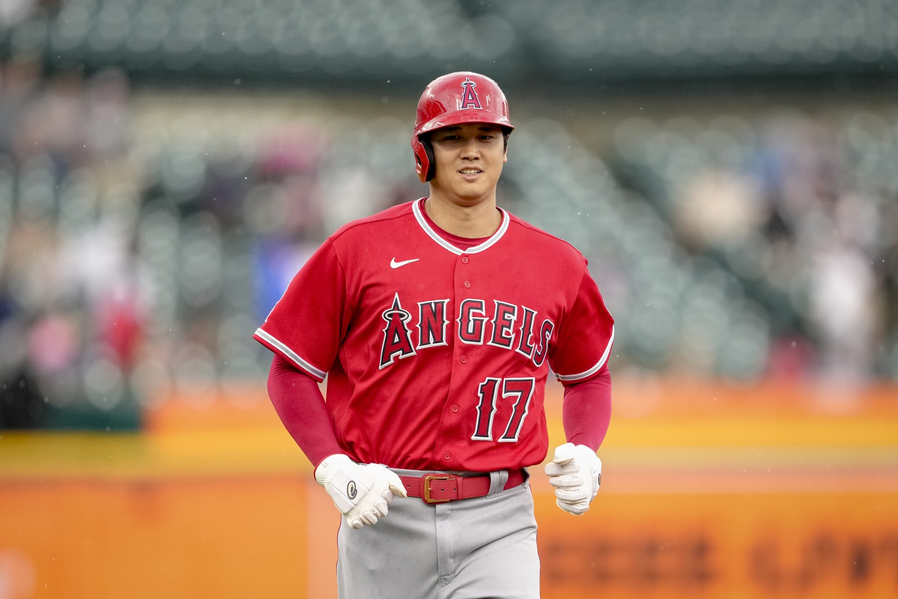 DETROIT, MICHIGAN - AUGUST 20: Shohei Ohtani #17 of the Los Angeles Angels runs in action during the game against the Detroit Tigers at Comerica Park on August 20, 2022 in Detroit, Michigan. (Photo by Nic Antaya/Getty Images)