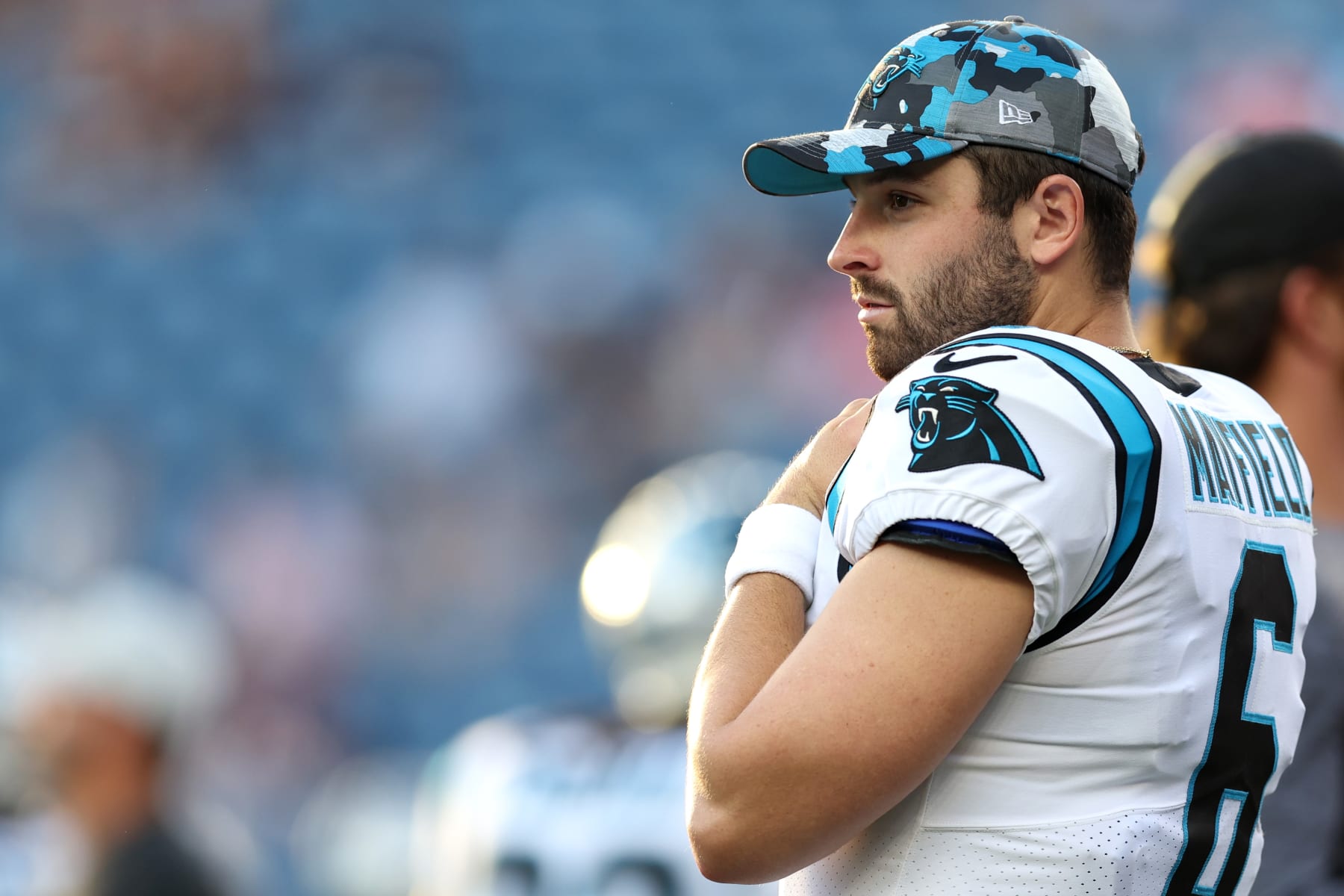 FOXBOROUGH, MASSACHUSETTS - AUGUST 19: Baker Mayfield #6 of the Carolina Panthers looks on bef the preseason game between the New England Patriots and the Carolina Panthers at Gillette Stadium on August 19, 2022 in Foxborough, Massachusetts. (Photo by Maddie Meyer/Getty Images)