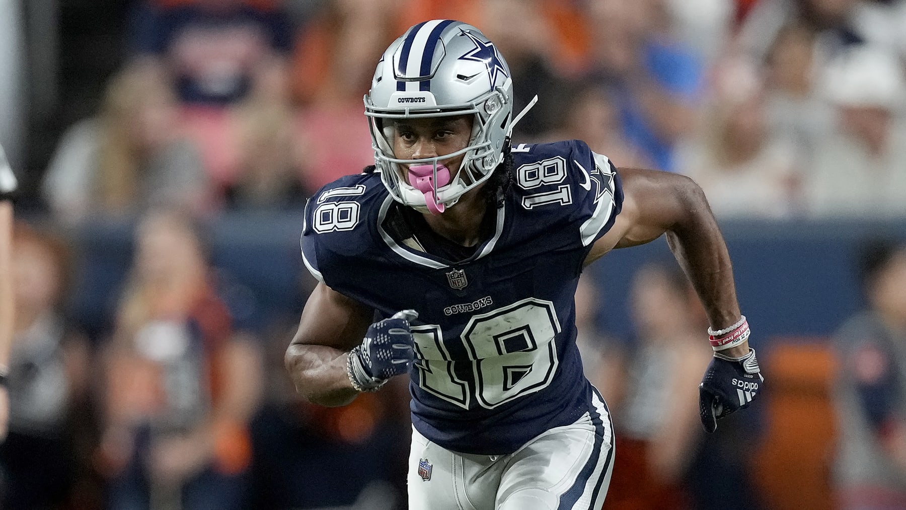 Dallas Cowboys wide receiver Jalen Tolbert (18) lines up against the Denver Broncos during the first half of an NFL preseason football game, Saturday, Aug. 13, 2022, in Denver. (AP Photo/David Zalubowski)