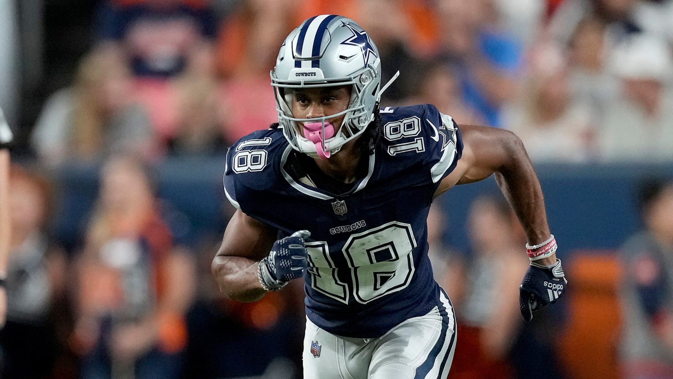Dallas Cowboys wide receiver Jalen Tolbert (18) lines up against the Denver Broncos during the first half of an NFL preseason football game, Saturday, Aug. 13, 2022, in Denver. (AP Photo/David Zalubowski)