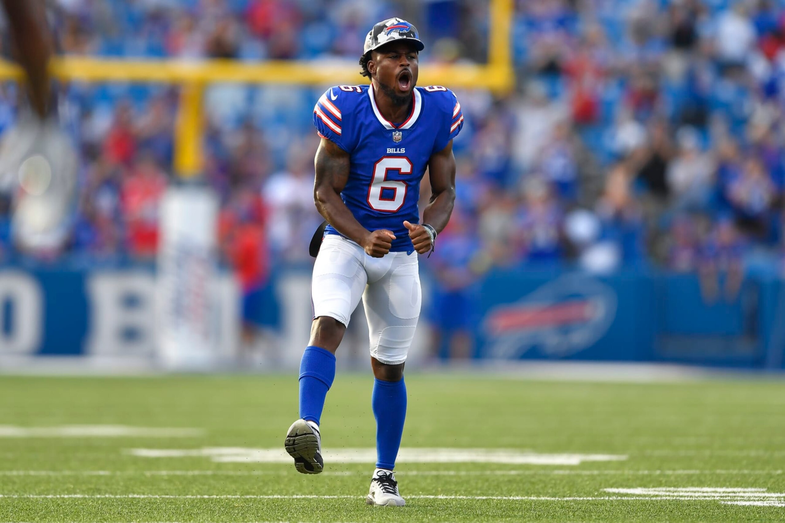 Buffalo Bills wide receiver Isaiah McKenzie celebrates after running back Duke Johnson's two-point conversion tied the game against the Indianapolis Colts during the second half of a preseason NFL football game in Orchard Park, N.Y., Saturday, Aug. 13, 2022. The Bills defeated the Colts 27-24. (AP Photo/Adrian Kraus)