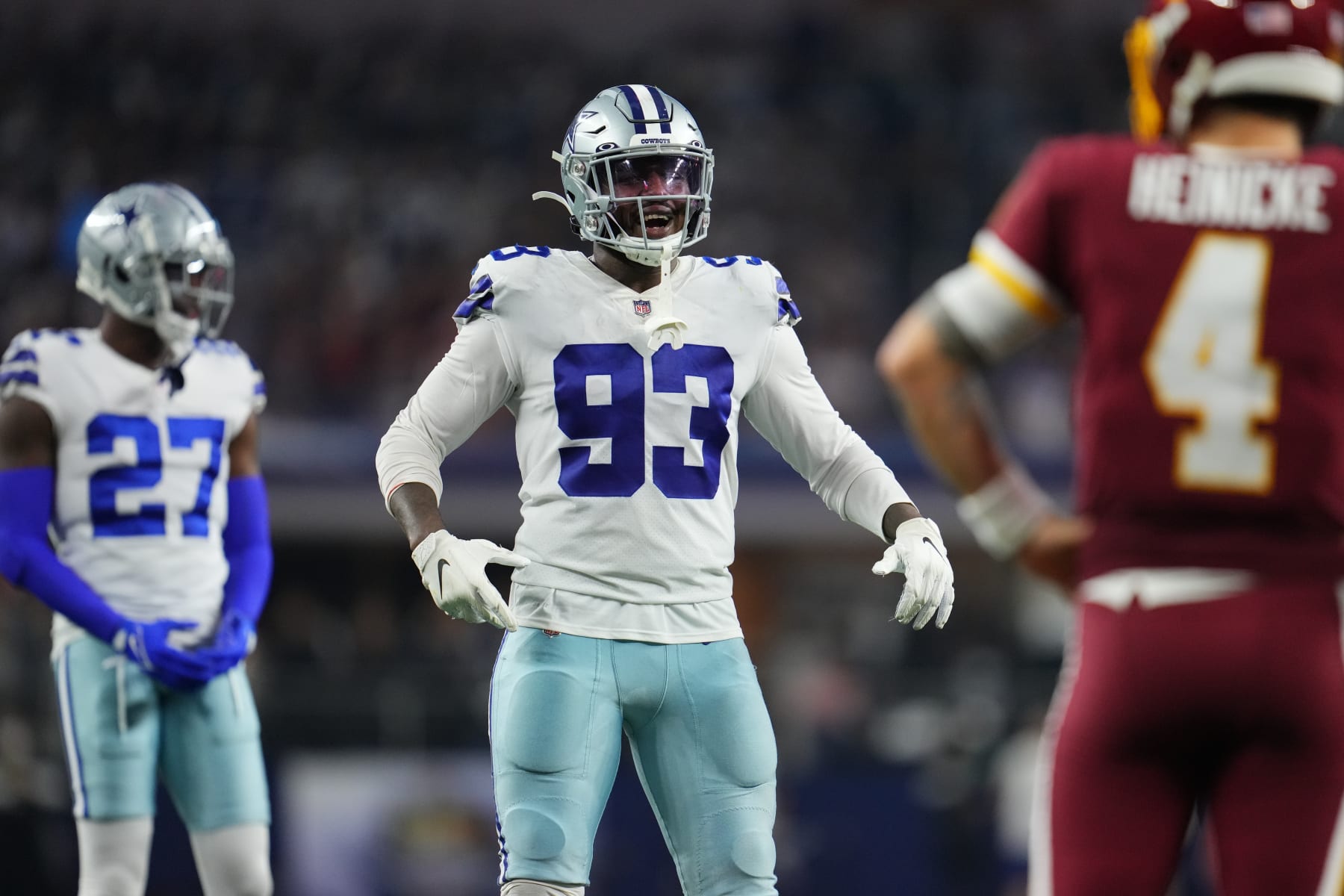 ARLINGTON, TEXAS - DECEMBER 26: Tarell Basham #93 of the Dallas Cowboys celebrates against the Washington Football Team during an NFL game at AT&T Stadium on December 26, 2021 in Arlington, Texas. (Photo by Cooper Neill/Getty Images)