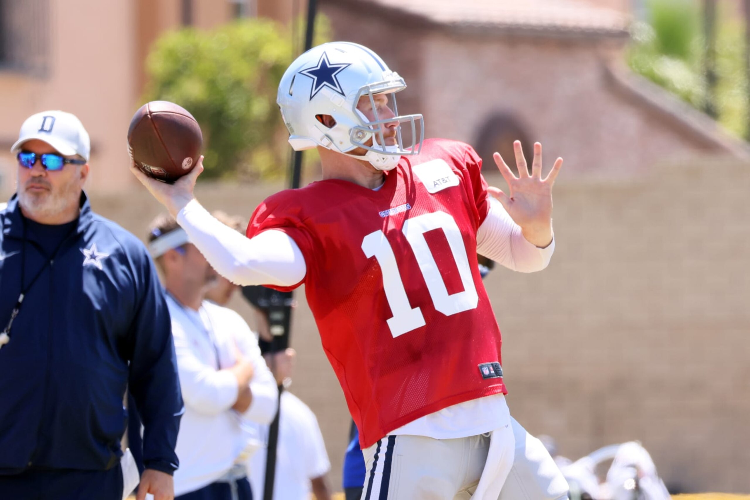 OXNARD, CALIFORNIA - AUGUST 08: Quarterback Cooper Rush #10 of the Dallas Cowboys throws a pass during training camp at River Ridge Fields on August 08, 2022 in Oxnard, California. (Photo by Josh Lefkowitz/Getty Images)
