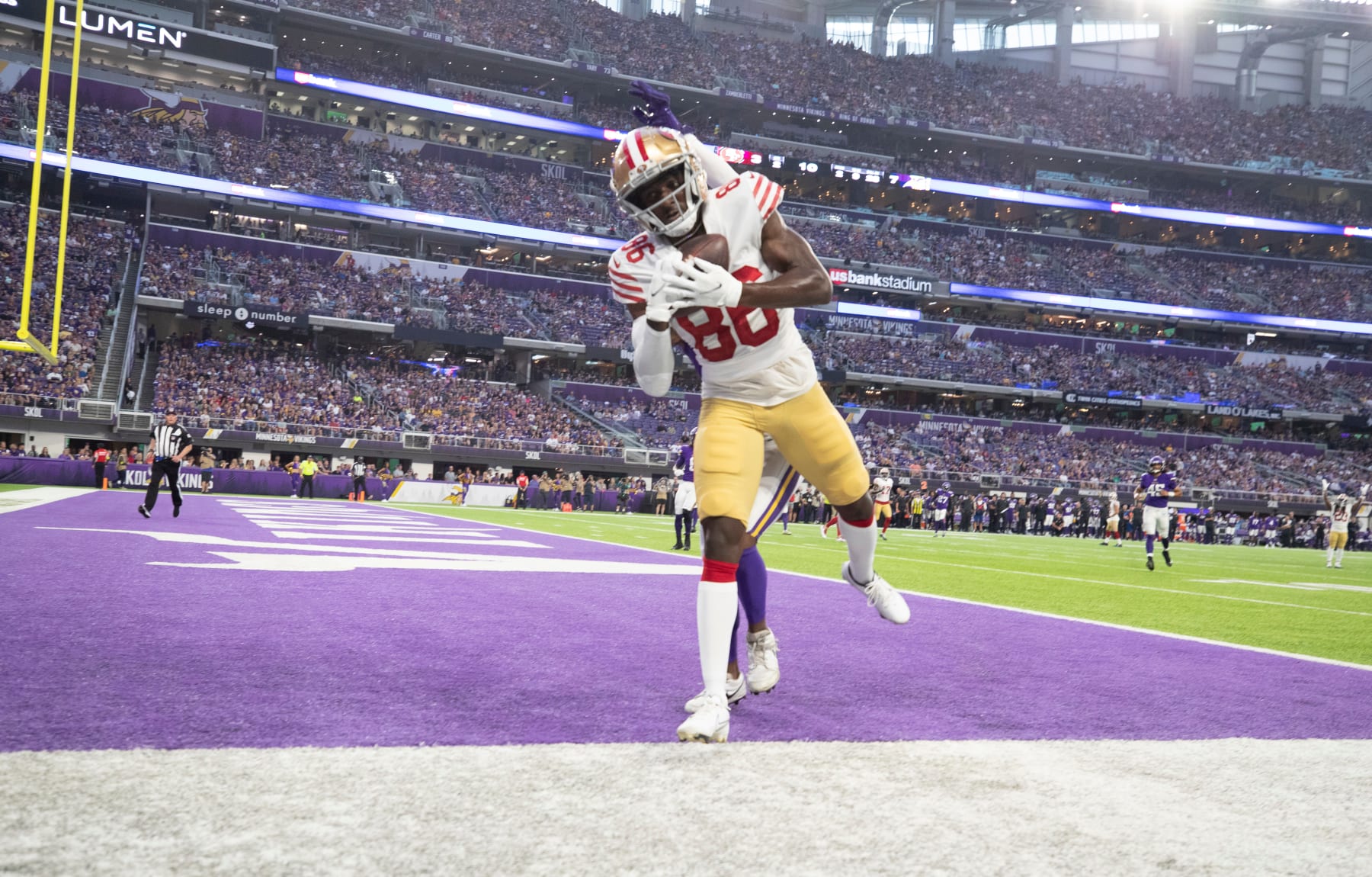 MINNEAPOLIS, MN - AUGUST 20: Danny Gray #86 of the San Francisco 49ers makes a catch by is ruled out of bounds during the game against the Minnesota Vikings at U.S. Bank Stadium on August 20, 2022 in Minneapolis, Minnesota. The 49ers defeated the Vikings 17-7. (Photo by Michael Zagaris/San Francisco 49ers/Getty Images)